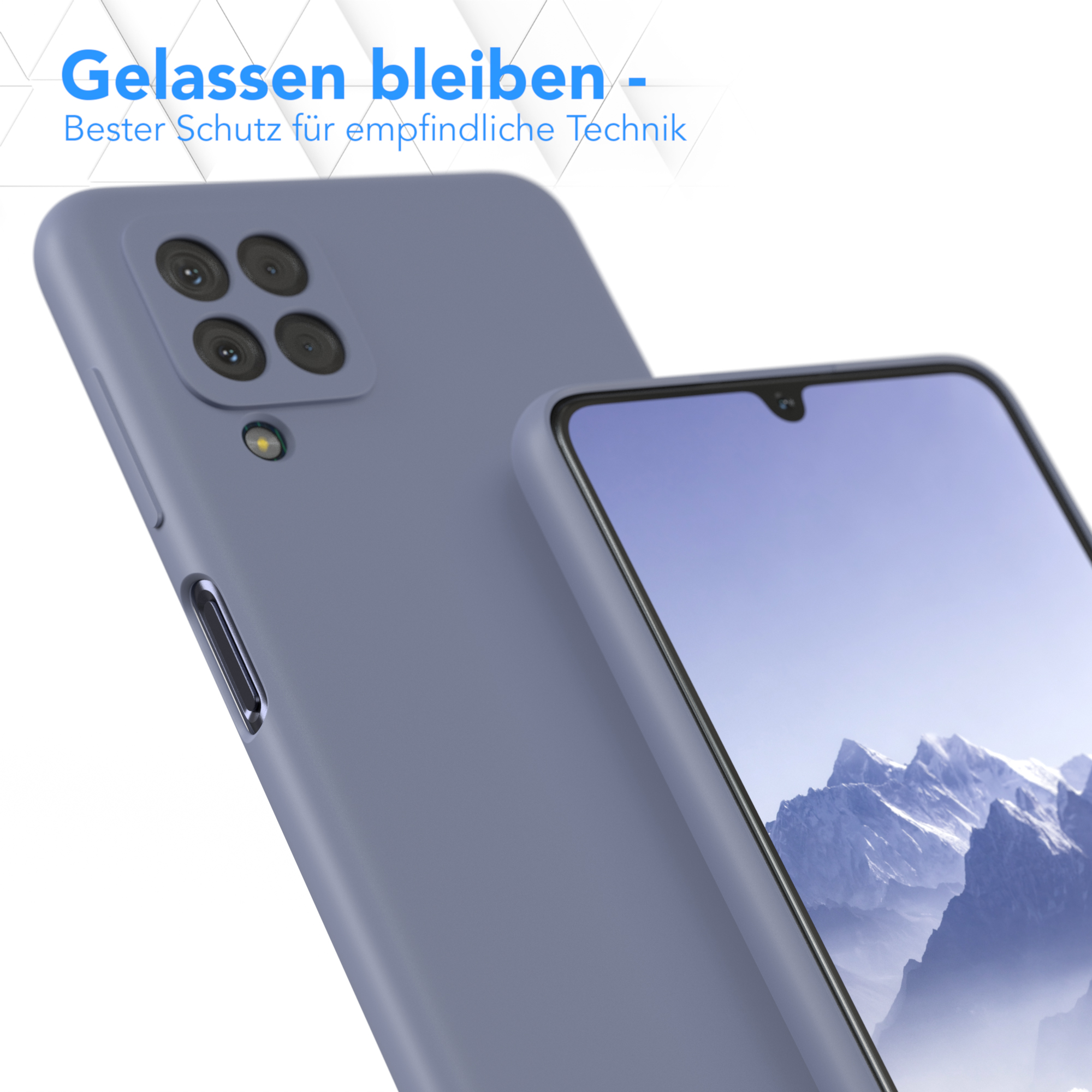 Nahaufnahme einer Handyhülle mit einem Telefon darin. Die Hülle ist lila.