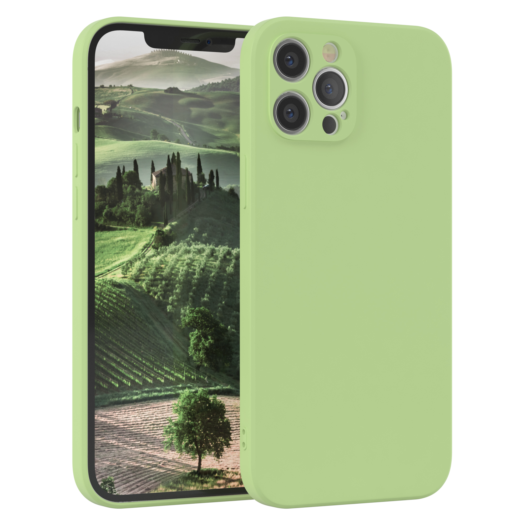 Grünes Telefon in einer grünen Hülle, zeigt eine Landschaft. Der Hintergrund ist weiß.