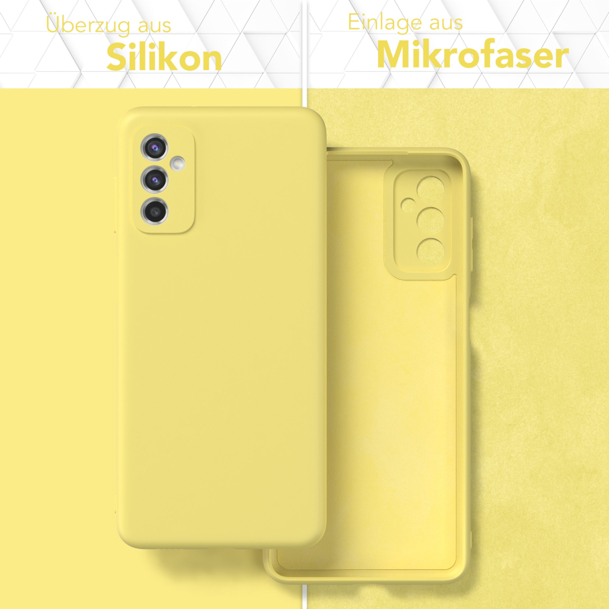Zwei Handyhüllen, eine gelb, eine transparent, Text 'Silikon' und 'Mikrofaser'.