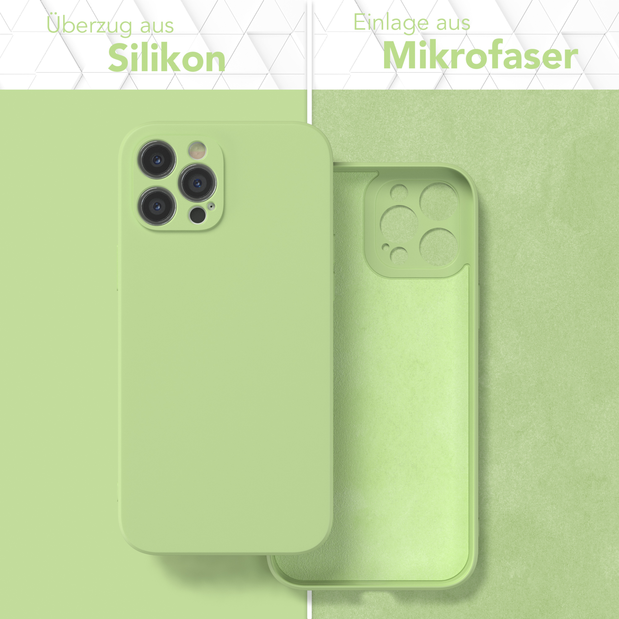 Telefonhülle mit Abdeckung. Text: Silikonhülle, Mikrofaser-Einsatz. Grüne Farbe. Das Innere der Hülle ist sichtbar.