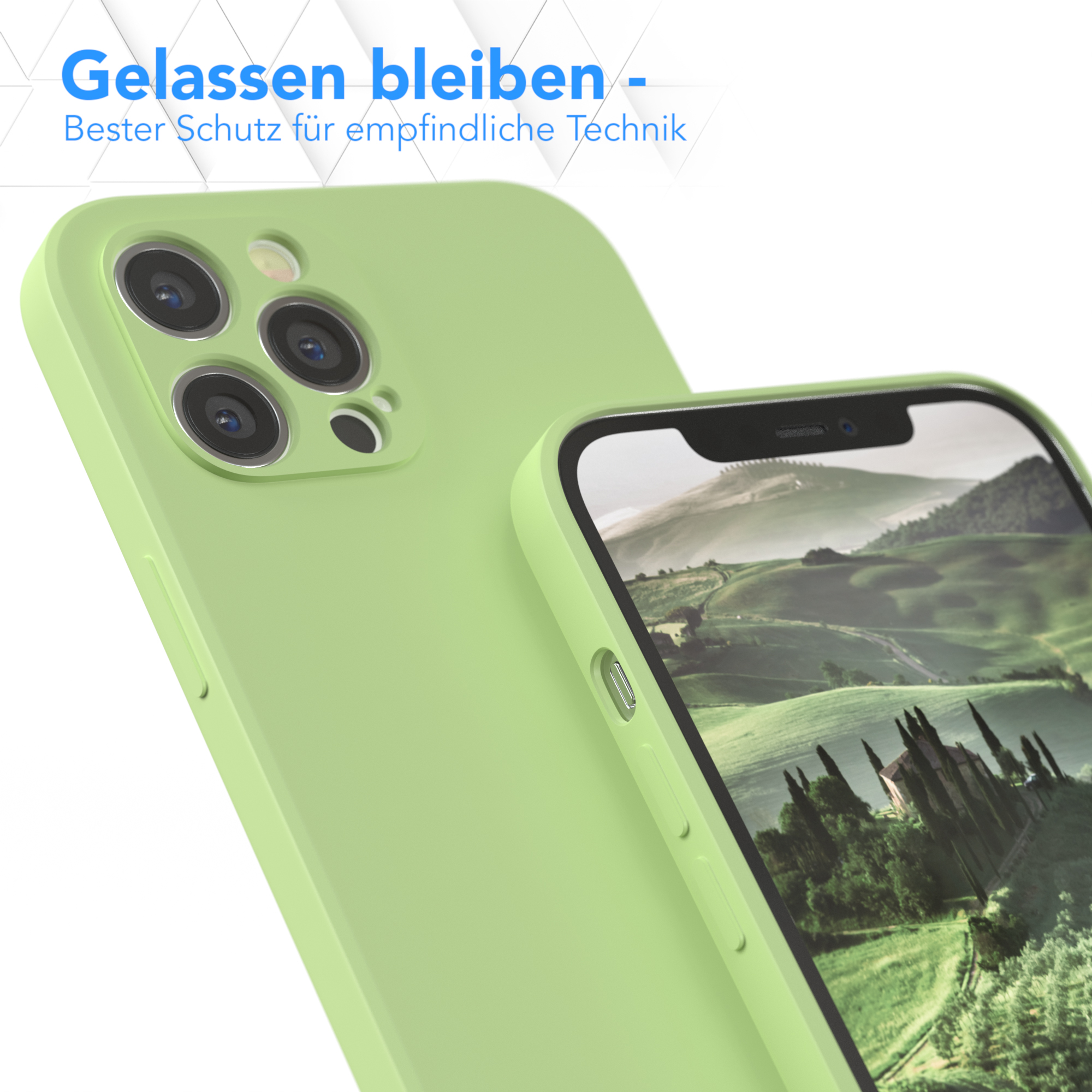 Grüne Handyhülle und Telefon auf weißem Hintergrund, mit Text.
