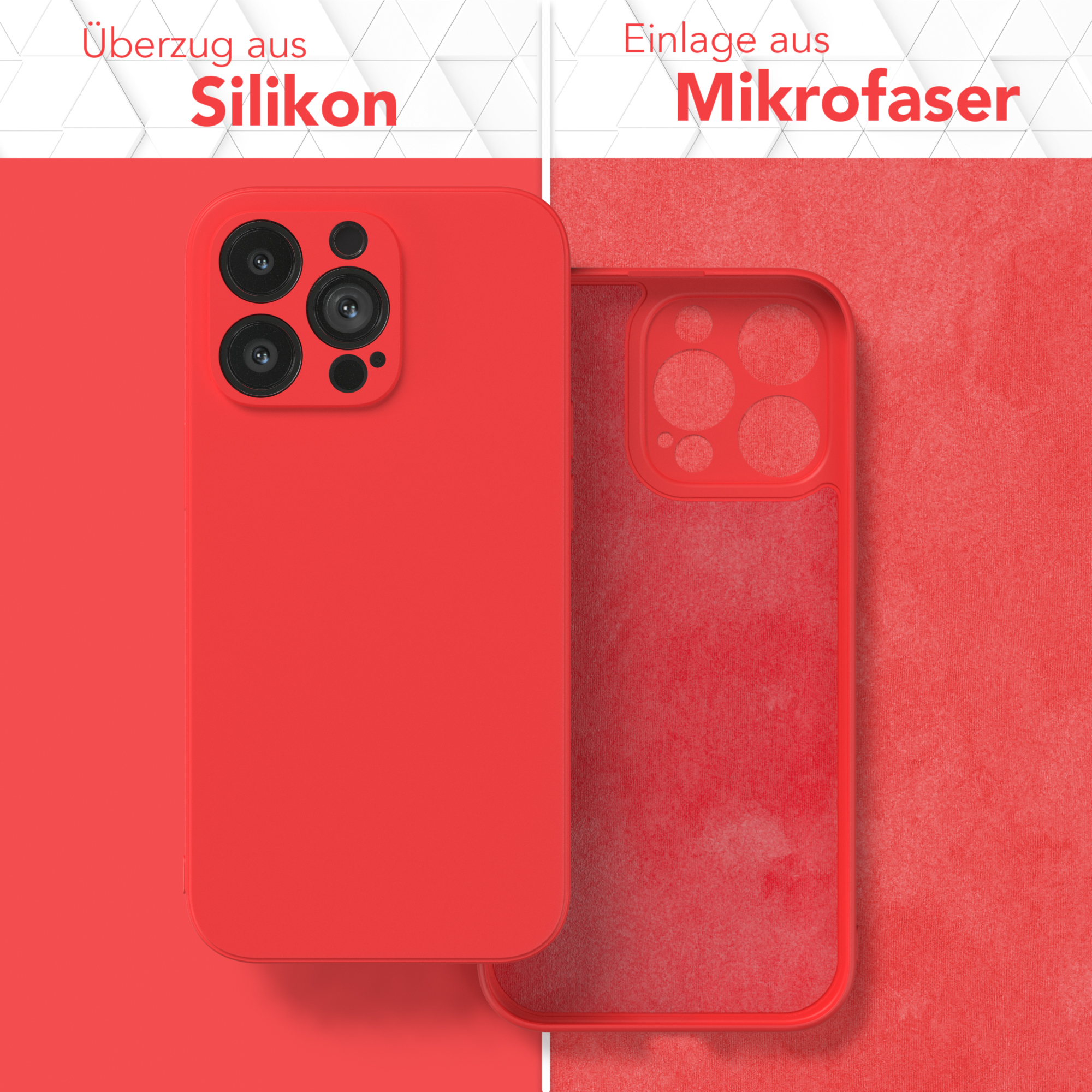 Zweiteilige Handyhülle, eine rot, eine klar. Silikon außen, Mikrofaser innen, roter Hintergrund.