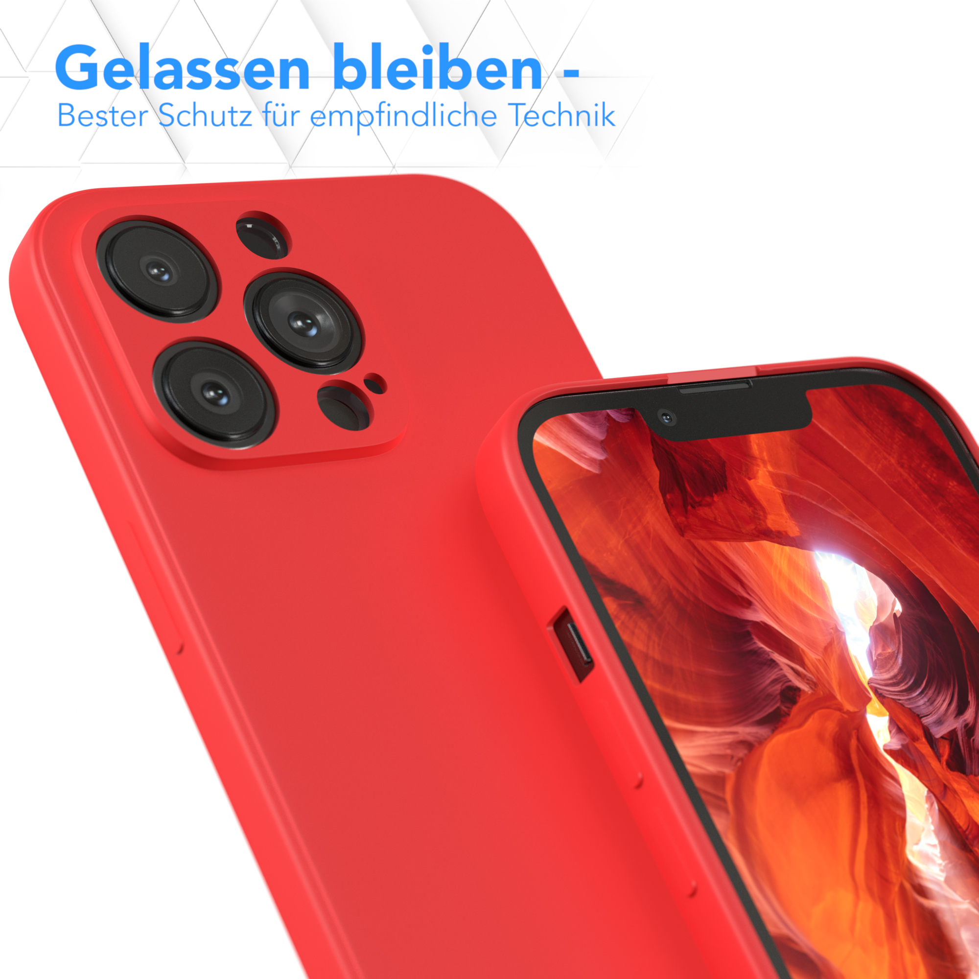 Eine rote Handyhülle mit Handy. Text sagt 'Gelassen bleiben'.