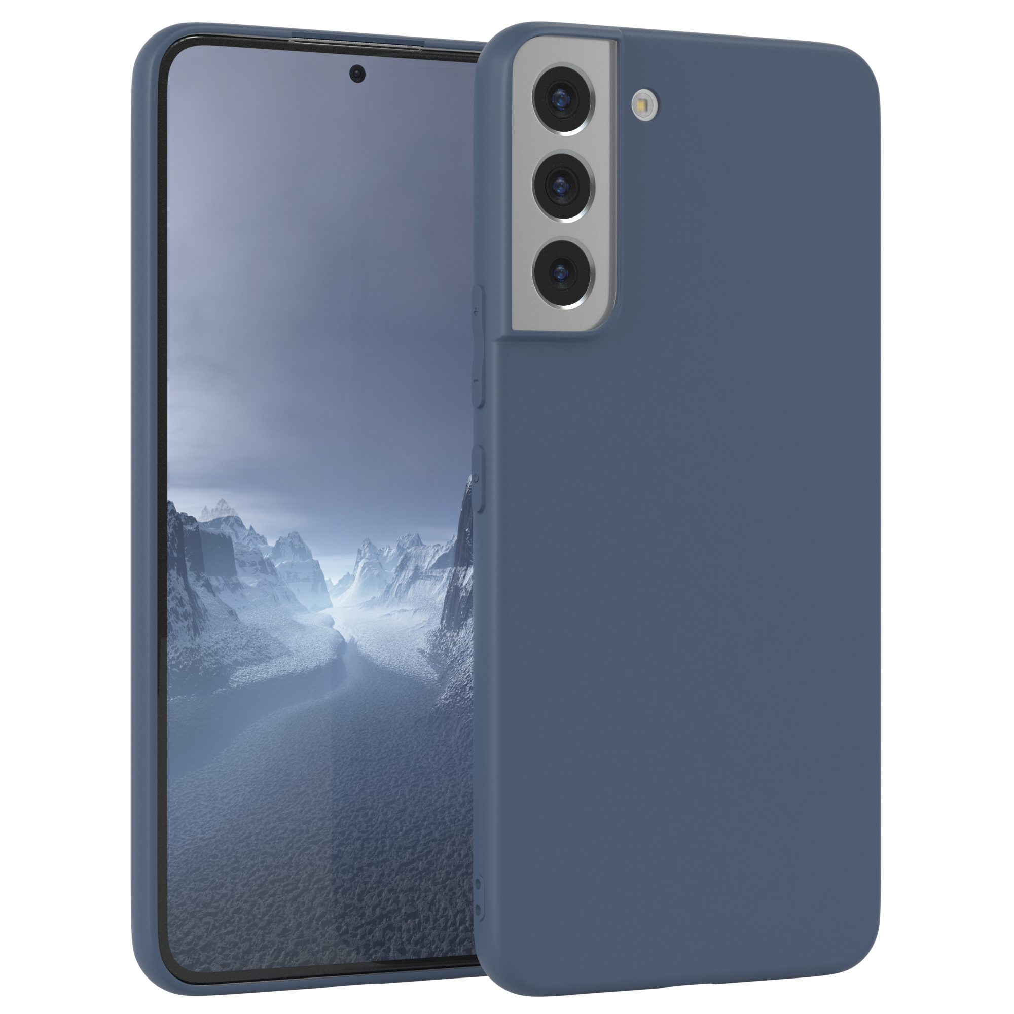 Blaues Telefon mit blauer Hülle. Bildschirm zeigt blauen, abstrakten Hintergrund.