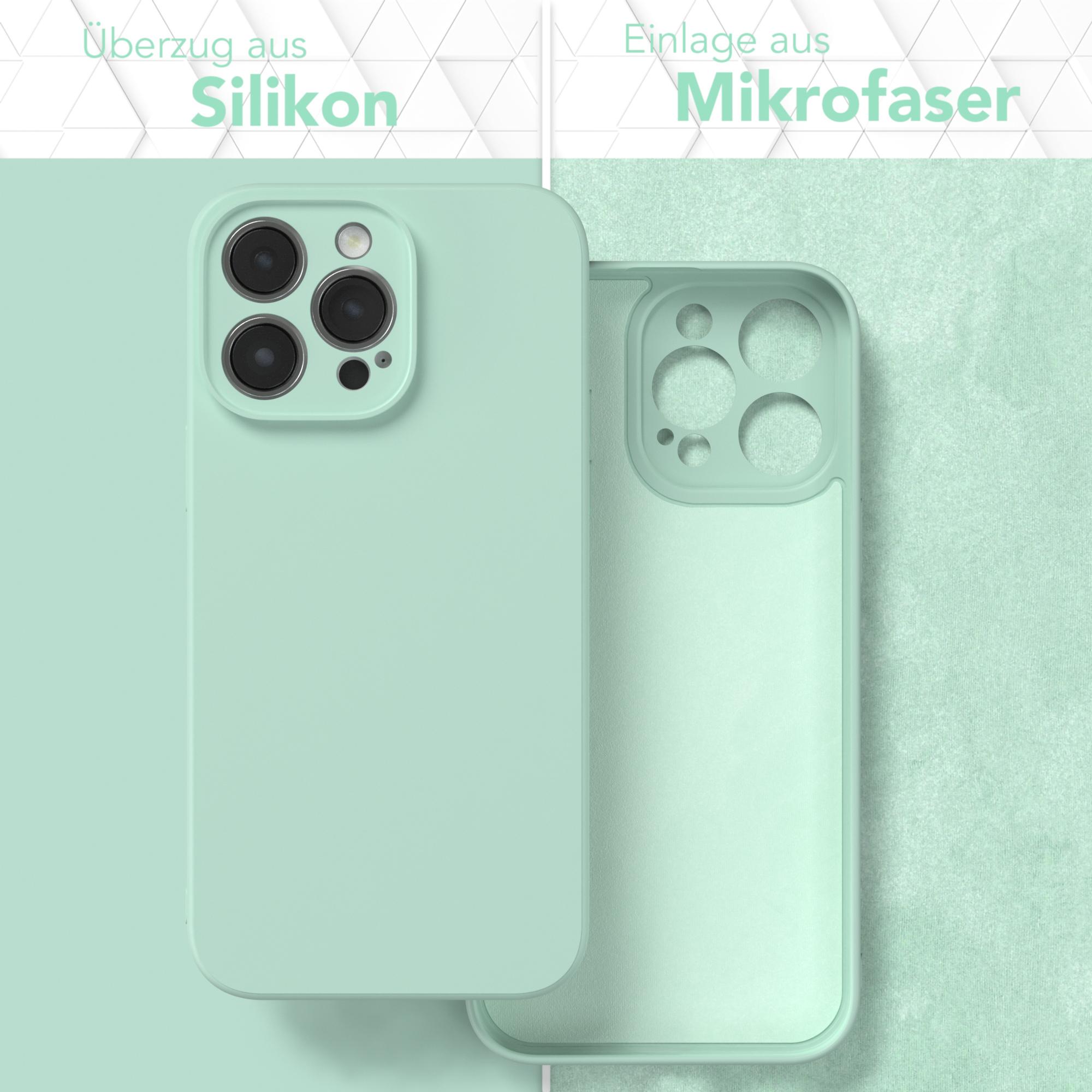 Eine Handyhülle, die das Silikon-Außenmaterial und das Mikrofaser-Innenmaterial in Mintgrün zeigt.