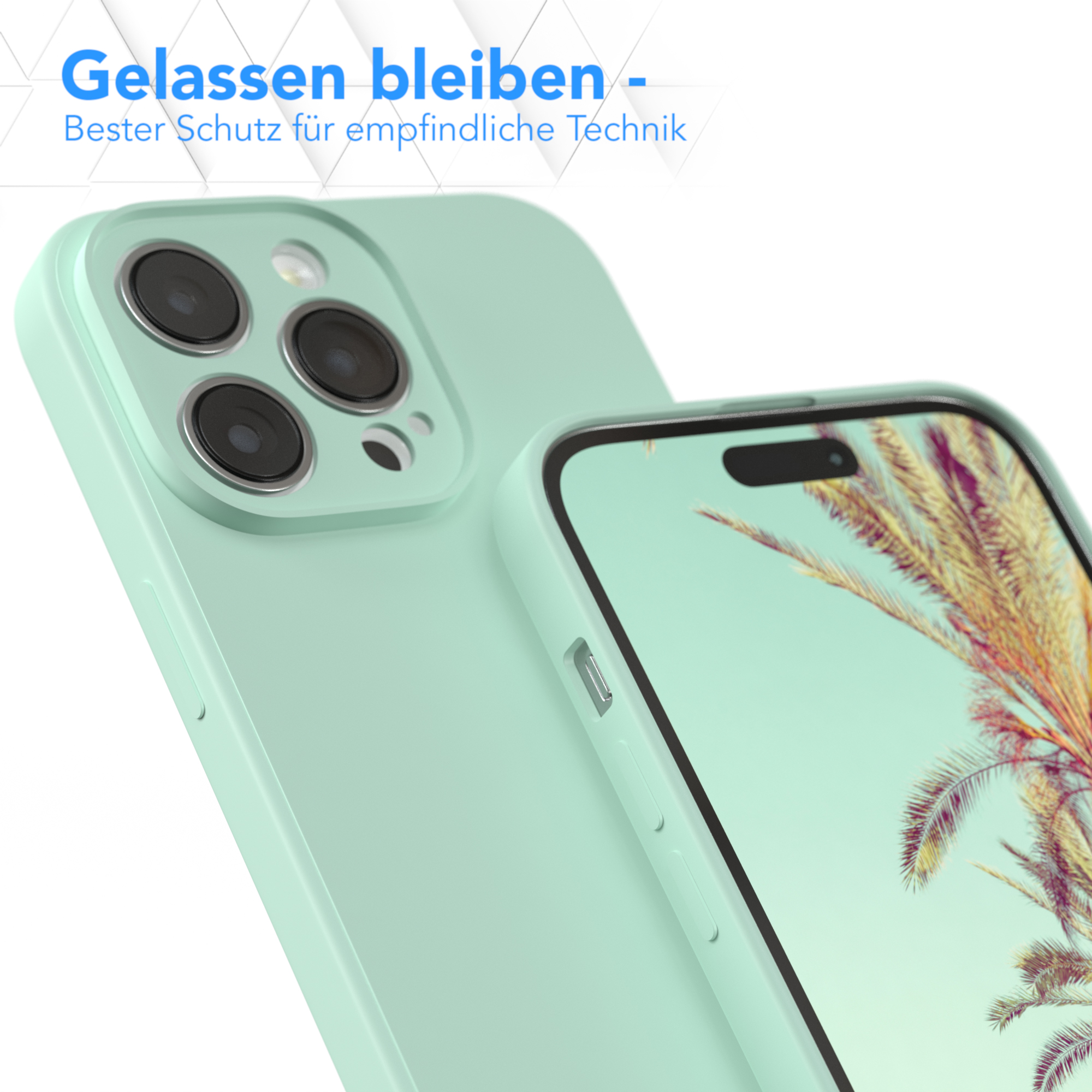 Zwei mintfarbene Handyhüllen im Nahaufnahme, eine im Fokus. Text: 'Gelassen bleiben - Bester Schutz'.