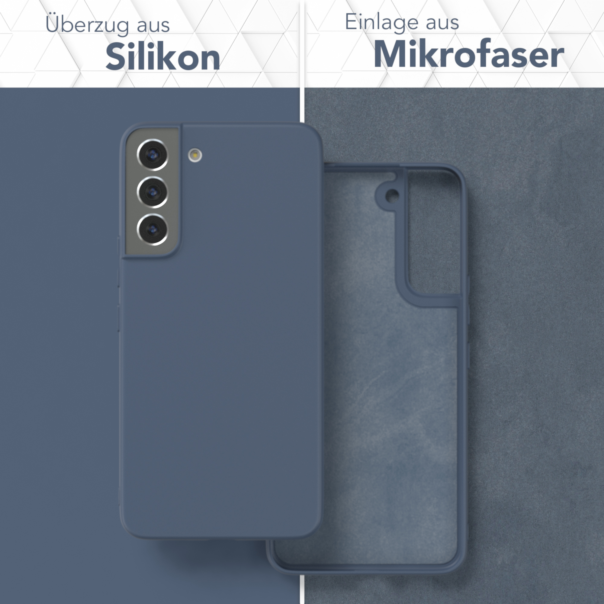Handyhülle: blaue Silikonhülle und Mikrofaser-Einsatz. Text auf Deutsch. Telefon nicht enthalten.