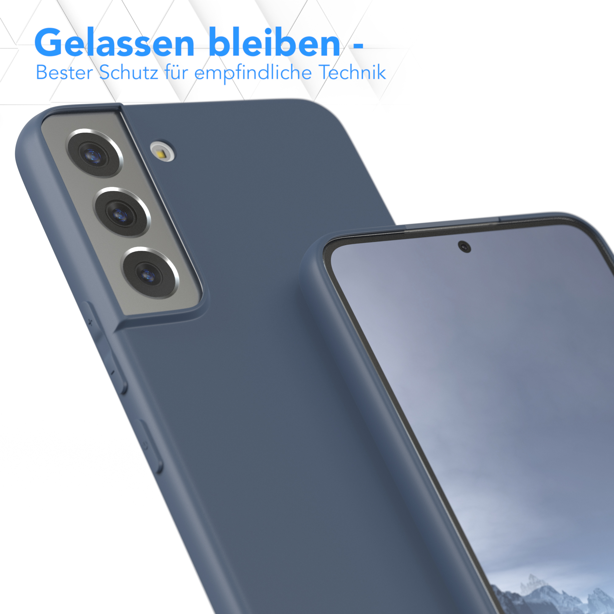 Handyhülle und Telefon, dunkelblaue Hülle, mit Text 'Gelassen bleiben'.