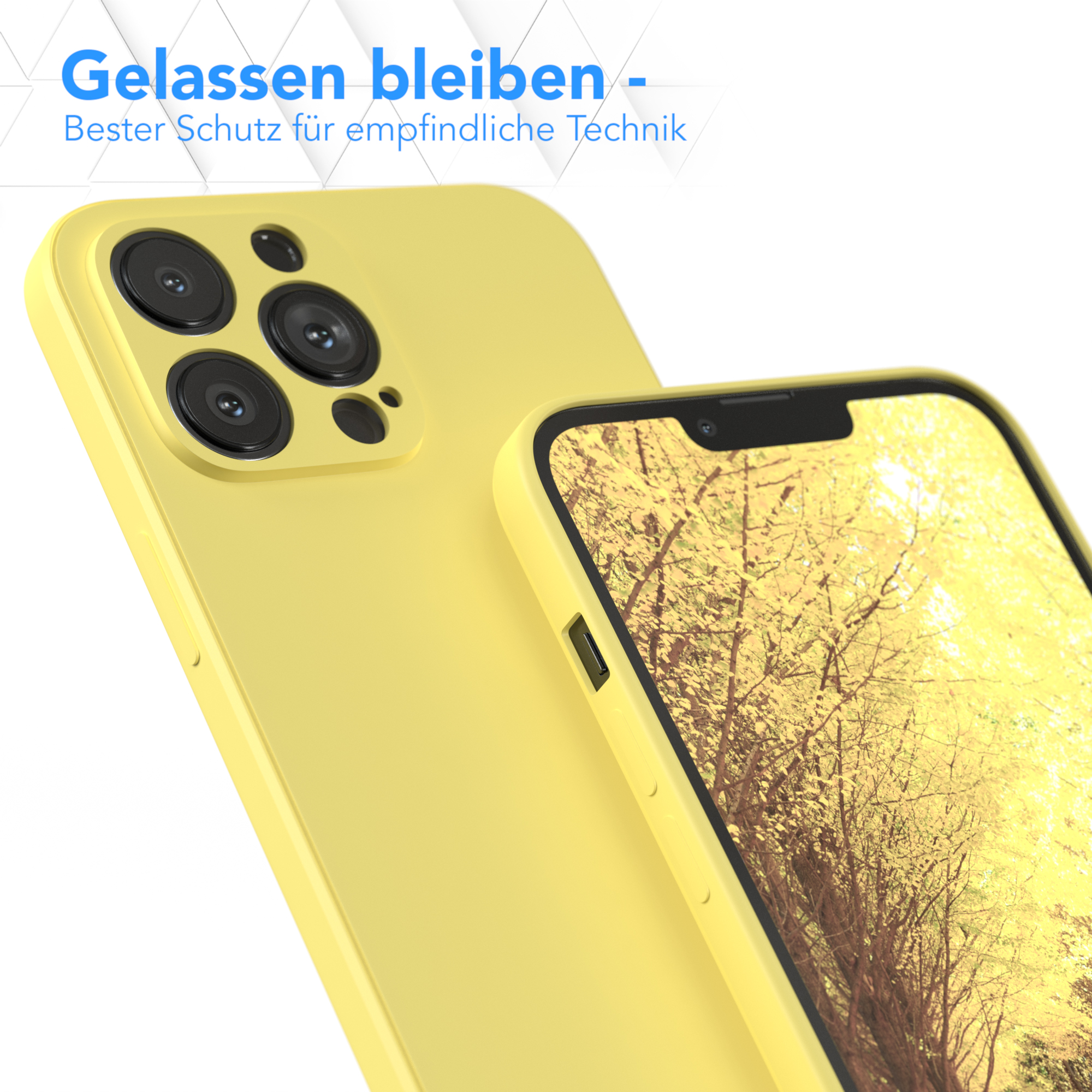 Nahaufnahme einer gelben Handyhülle mit Telefon im Inneren. Text: Entspannt bleiben - bester Schutz für empfindliche Technik.