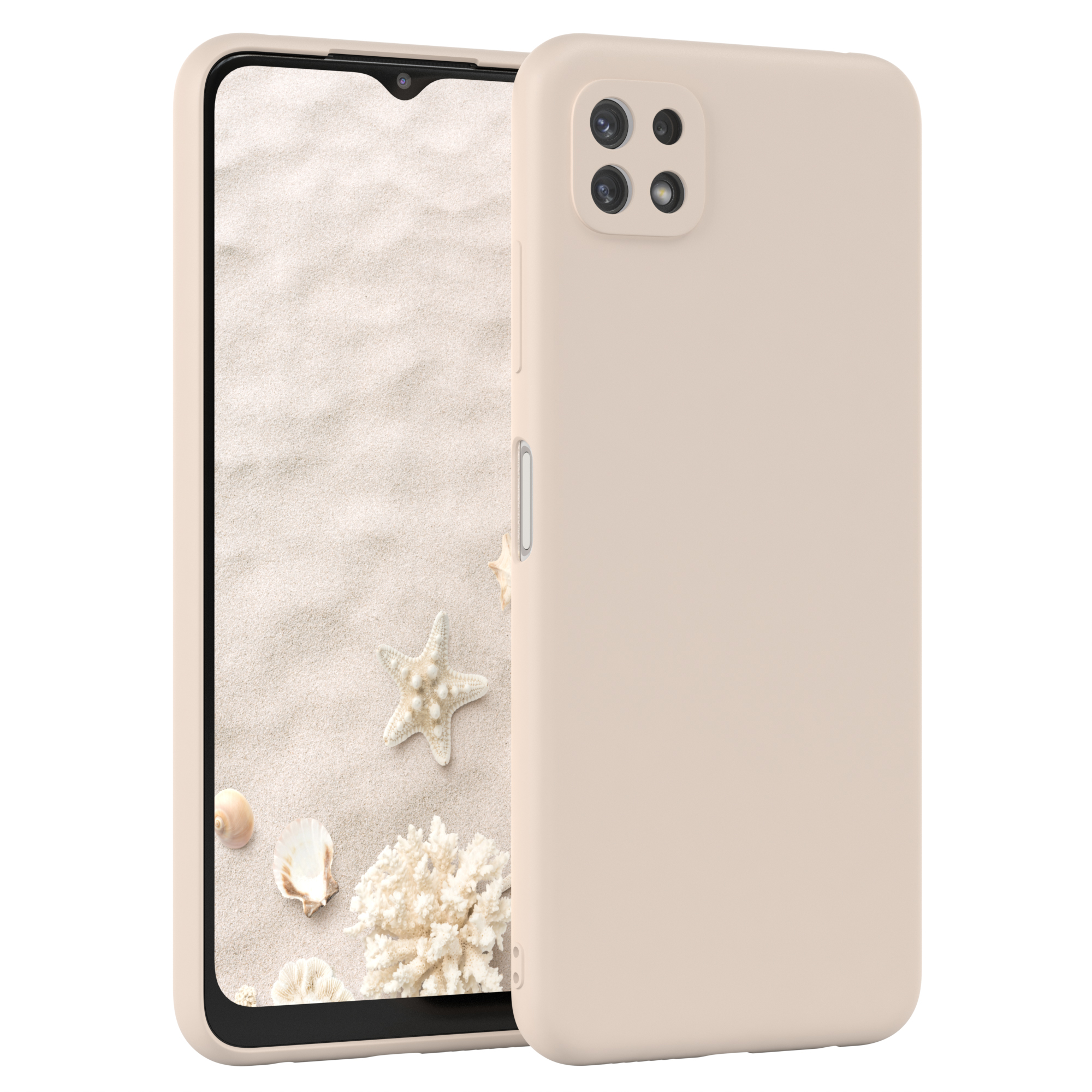 Ein beiges Telefon mit einem Bildschirm, der eine Strandszene mit Seesternen, Muscheln und Korallen zeigt.