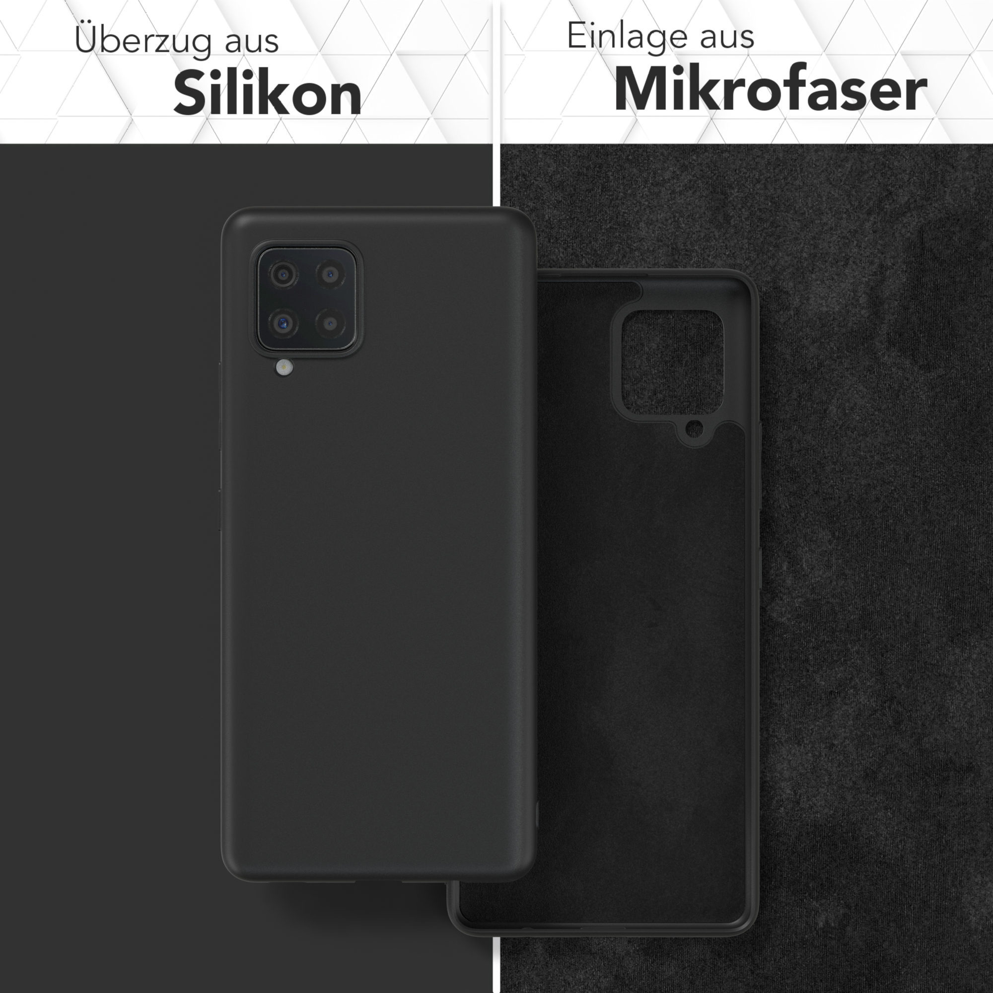 Eine schwarze Handyhülle mit schwarzem Innenraum. Der Text lautet "Überzug aus Silikon" und "Einlage aus Mikrofaser".