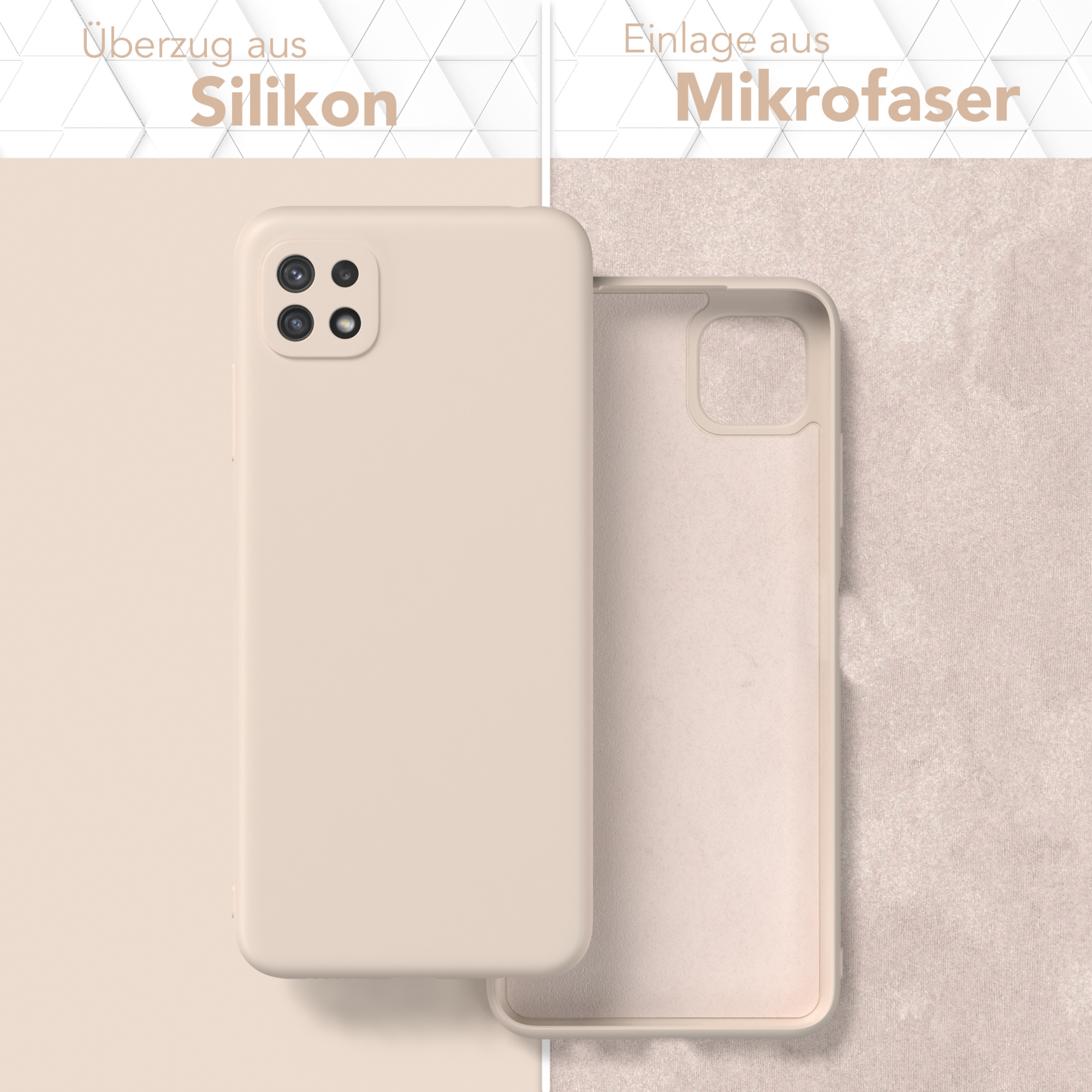 Zwei Handyhüllen nebeneinander: eine beige, eine offen, um das Mikrofaserfutter zu zeigen.