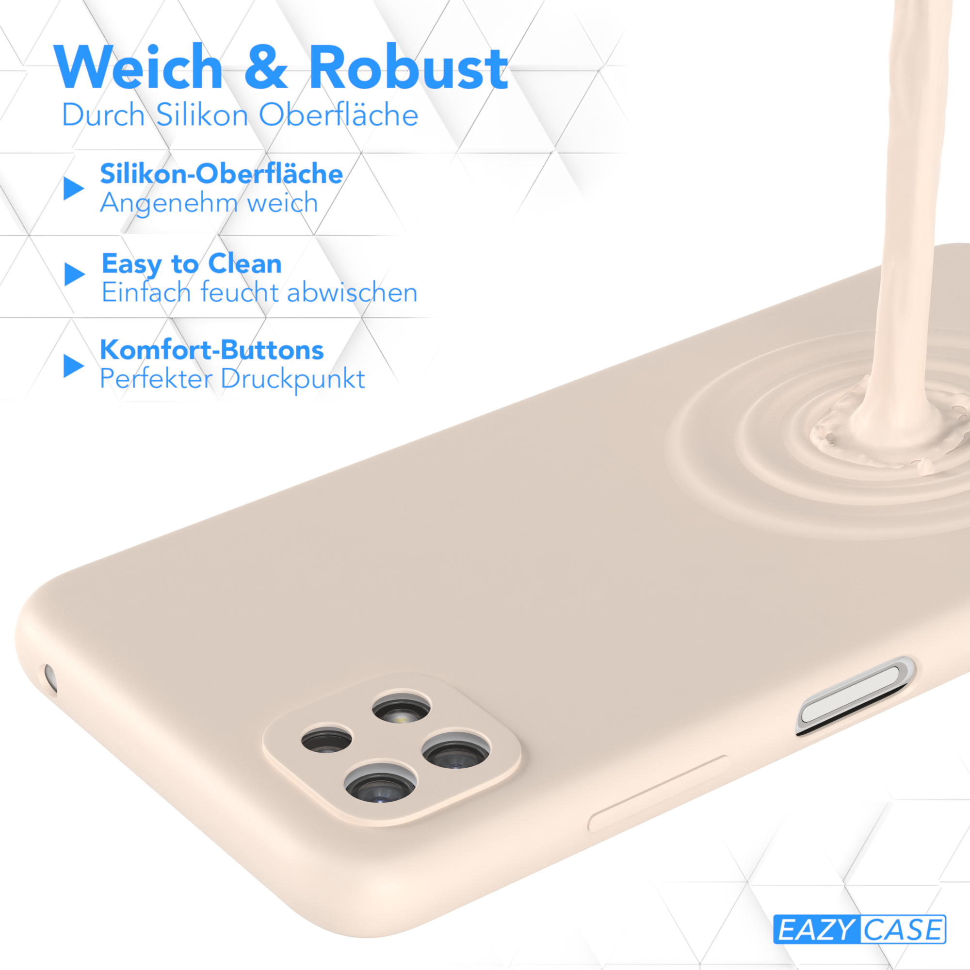 Beige Handyhülle mit cremefarbenem Fluss. Text: Weich & Robust, Silikonoberfläche, leicht zu reinigen, Komforttasten.