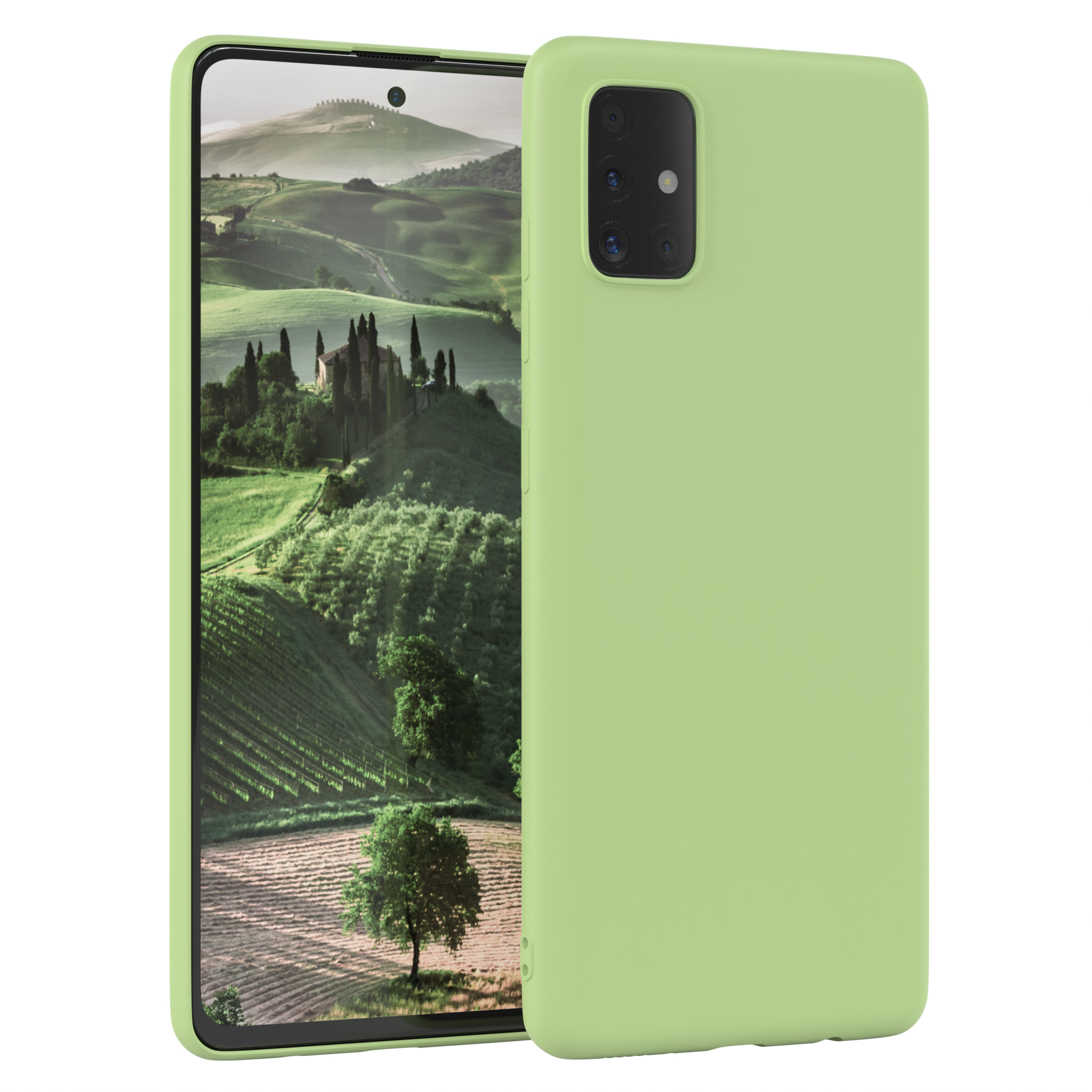 Grüne Handyhülle mit einem Telefon, das eine Landschaft zeigt. Weißer Hintergrund.