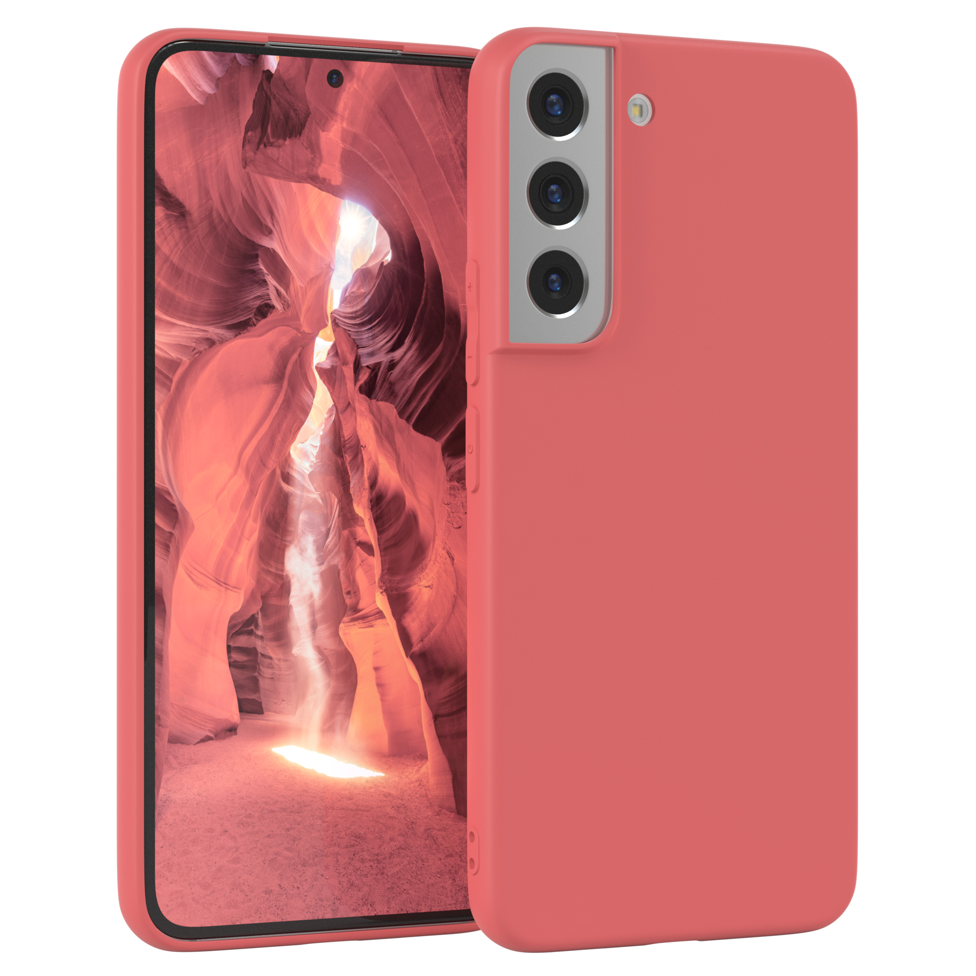 Korallenfarbenes Telefoncase auf einem Telefon, das ein Canyon-Bild zeigt. Das Telefon hat drei Rückkameras.