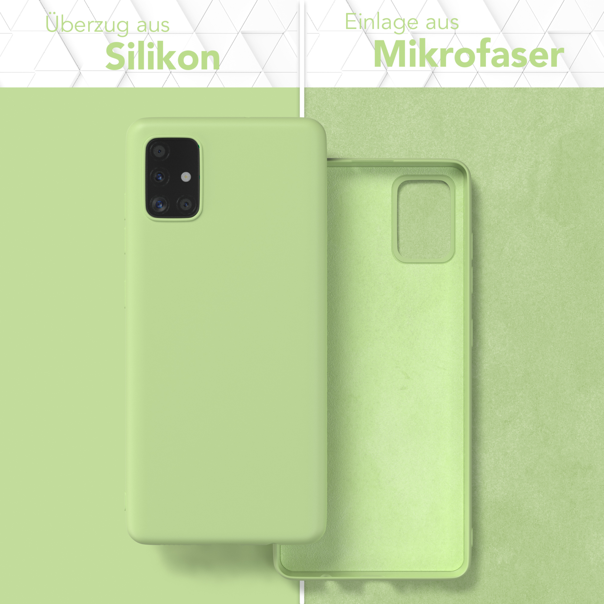Grüne Handyhülle mit Mikrofaser innen. Text: Silikon außen, Mikrofaser innen. Handyhülle links.