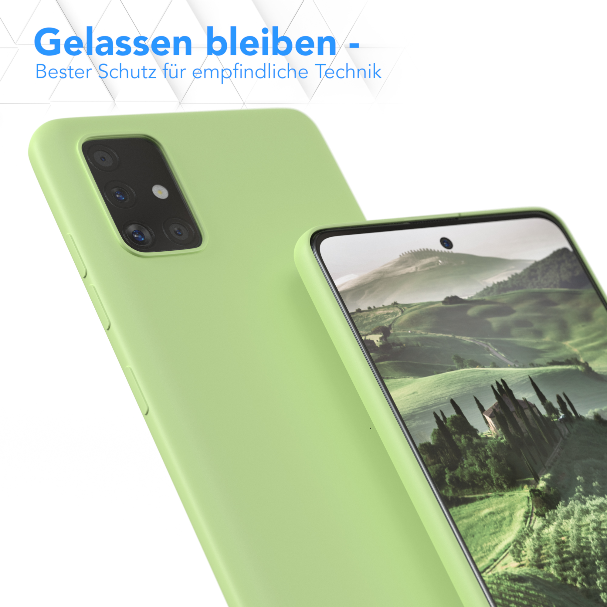 Grüne Handyhülle. Auf der rechten Seite befindet sich eine zweite Hülle mit einem Landschaftsbild.