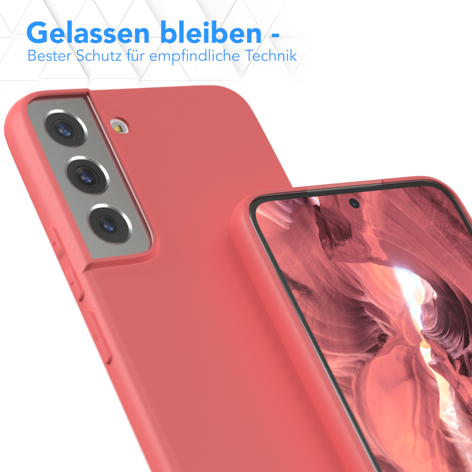 Eine rote Handyhülle und ein Telefon werden angezeigt. Das Telefon befindet sich in der Hülle. Text oben.