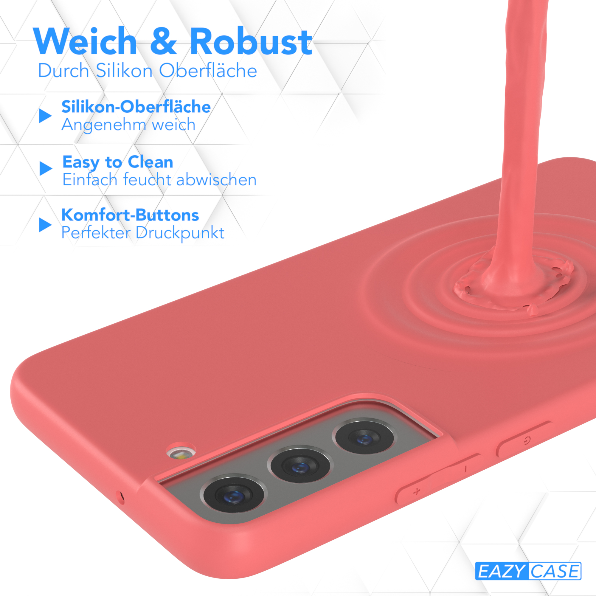 Rote Handyhülle mit Flüssigkeit. Text: Weich & Robust, Silikon-Oberfläche, Easy to Clean, Komfort-Buttons.