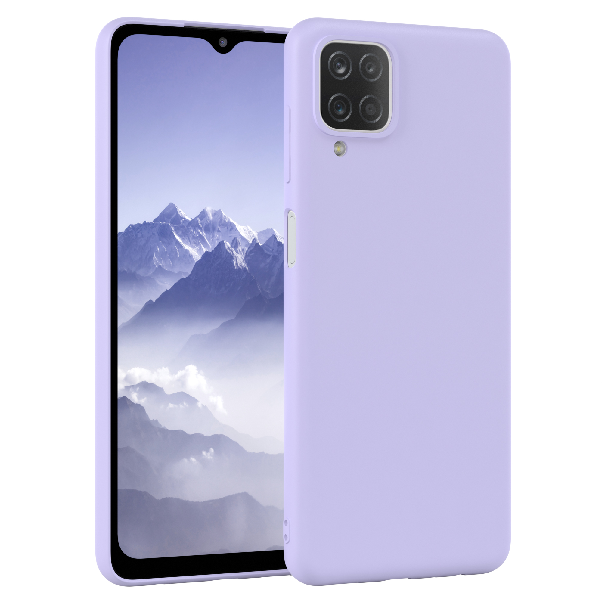 Lila Telefon mit Hülle. Das Telefon zeigt eine Landschaft. Weißer Hintergrund.