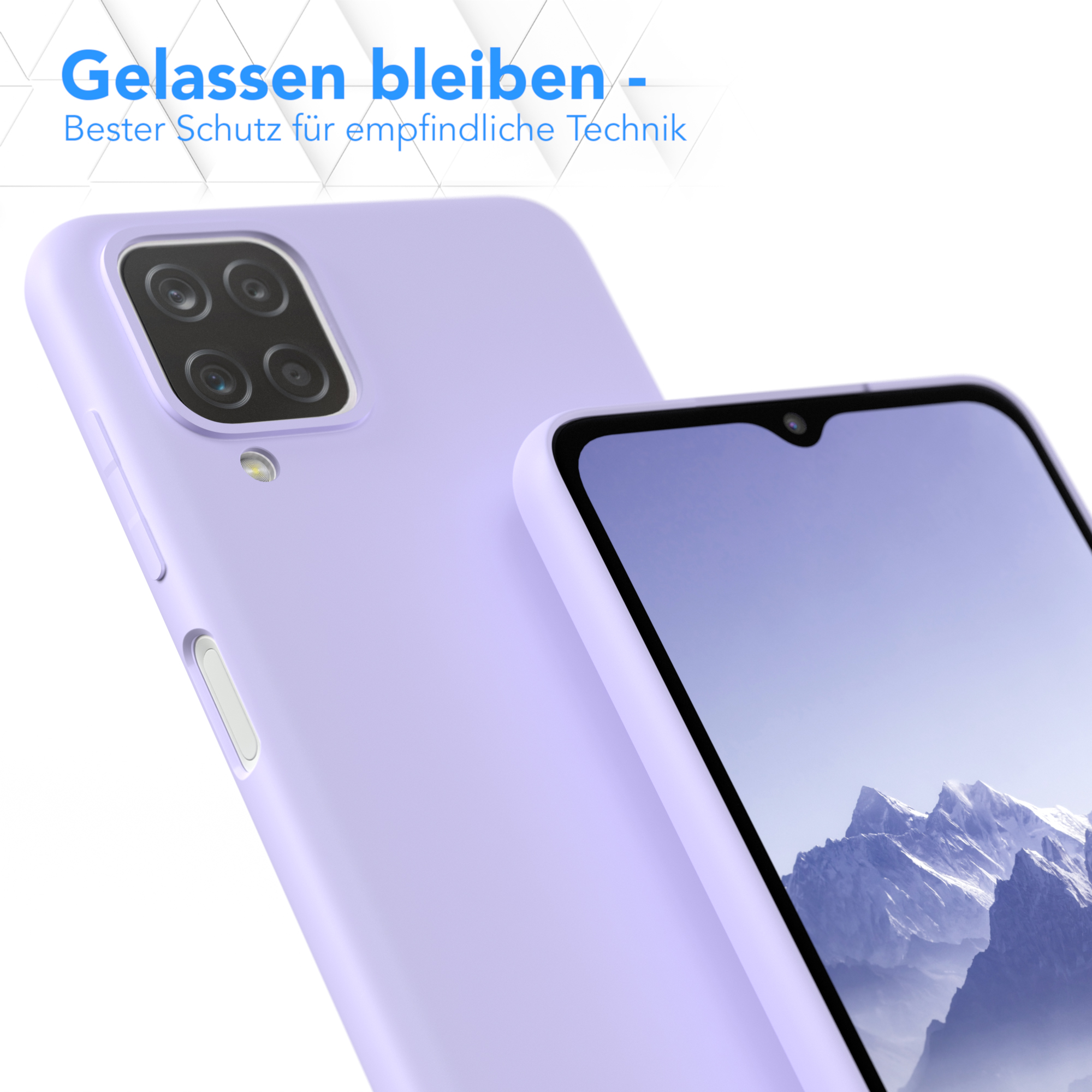 Lila Handyhülle mit Telefonbildschirm, Text: Gelassen bleiben - Bester Schutz für empfindliche Technik.