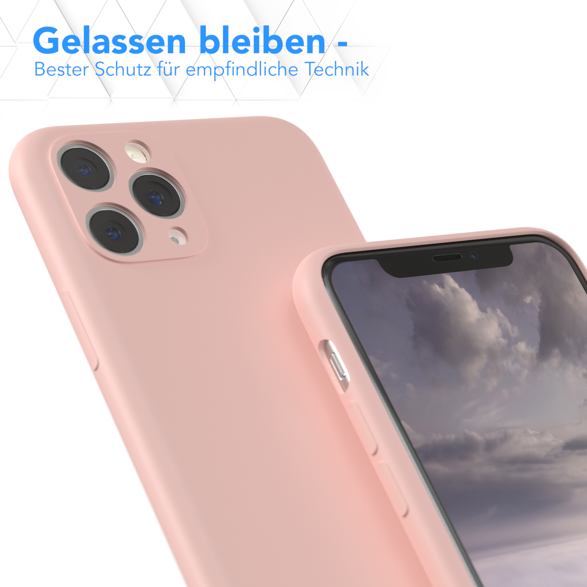 Zwei rosa Handyhüllen, eine mit Telefon, auf weißem Hintergrund, mit Text. Anzeige des Telefons.