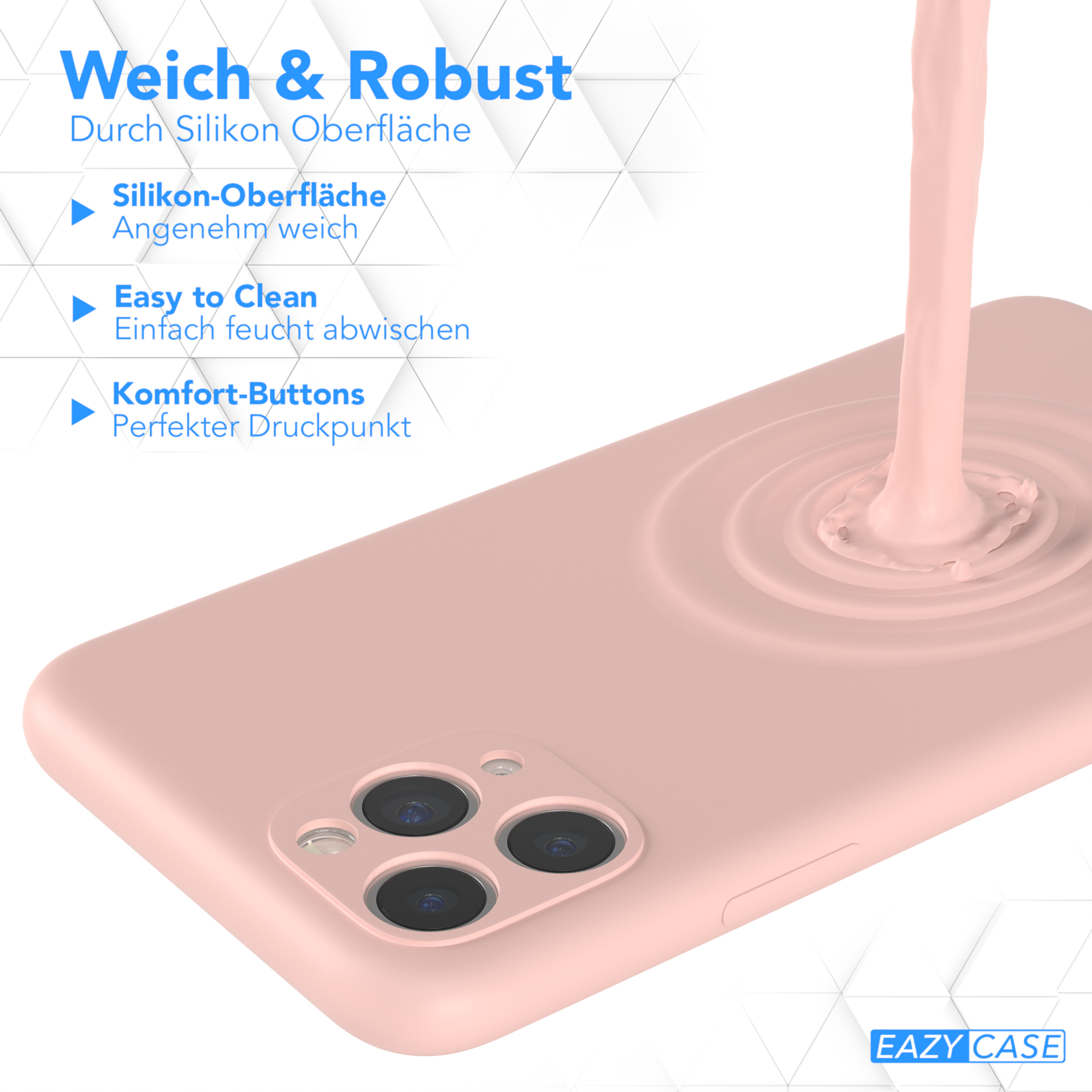 Eine rosa Handyhülle mit einer Flüssigkeit, die darauf gegossen wird. Text: Weich & Robust, Silikonoberfläche.