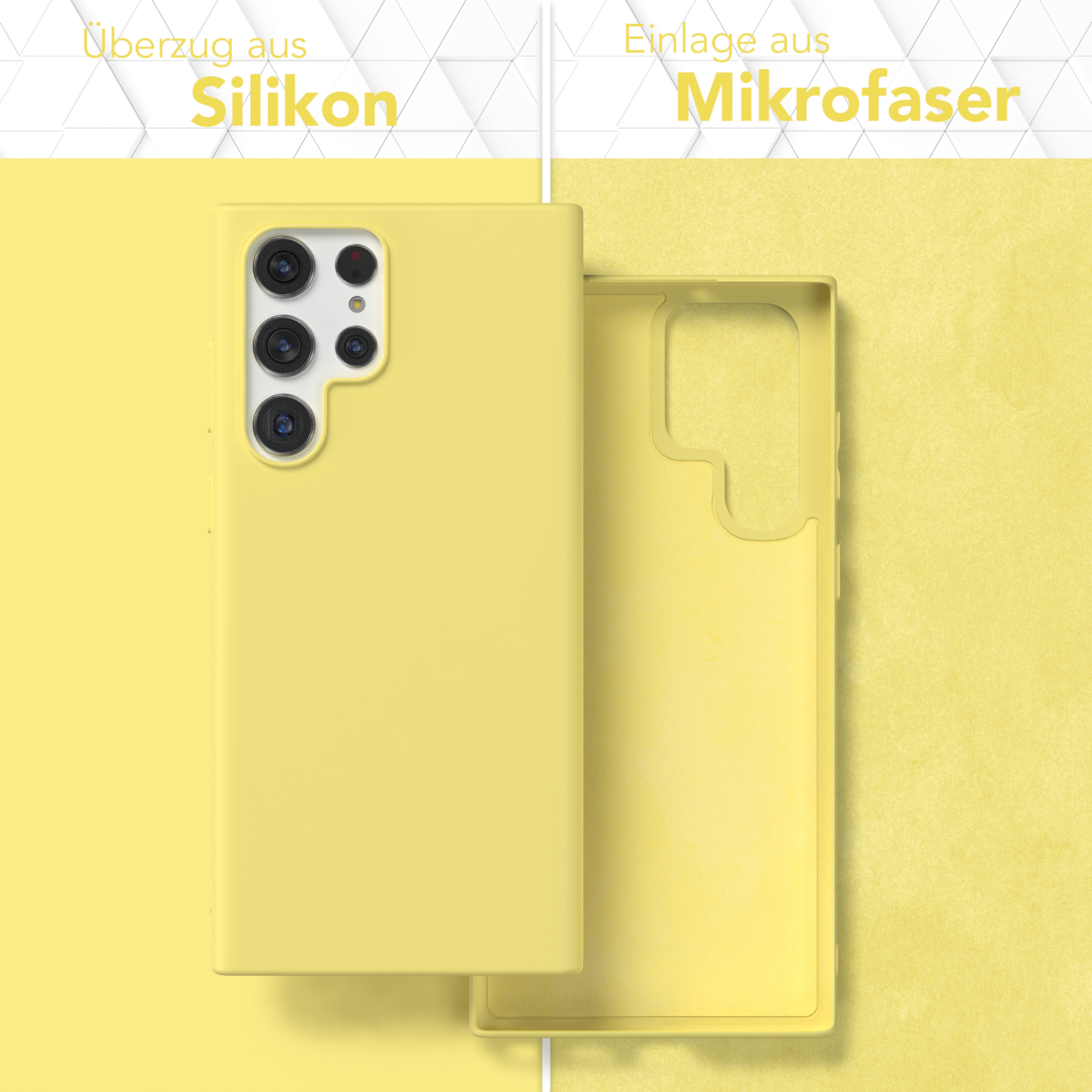 Gelbe Handyhülle und deren Innenseite mit Mikrofaser. Geöffnete Hülle, Mikrofaser-Innenraum sichtbar.