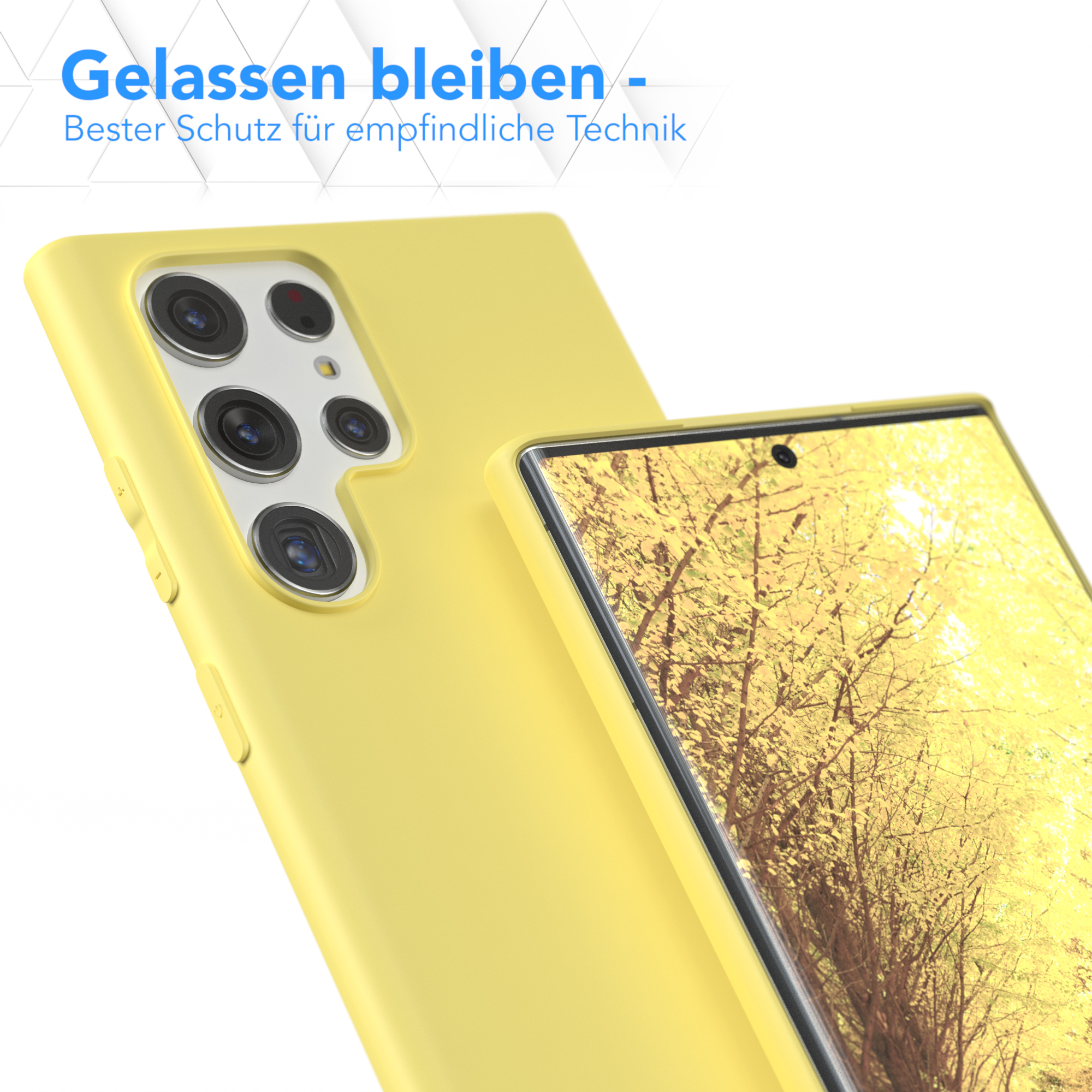Eine gelbe Handyhülle und ein Handy mit einem Bildschirm, der ein gelbes Bild zeigt.