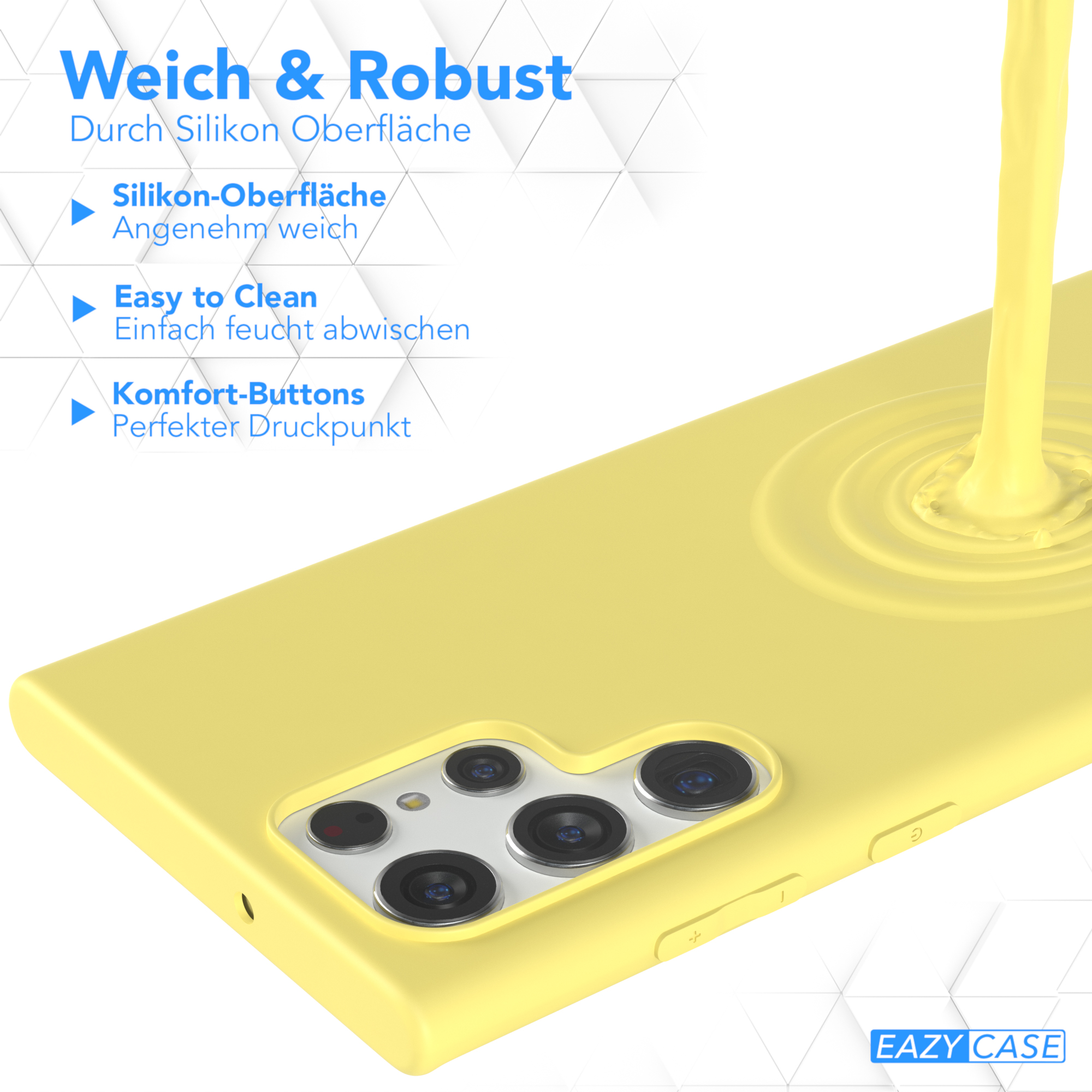 Gelbe Handyhülle mit Flüssigkeit, die darauf gegossen wird. Text: 'Weich & Robust'.