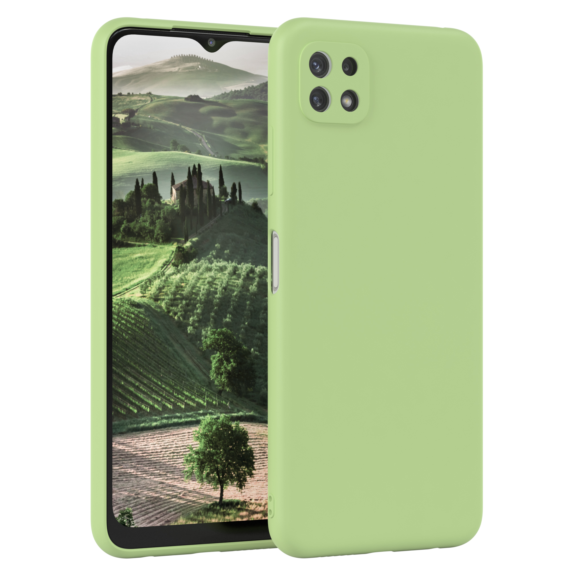 Grüne Handyhülle mit Landschaft mit Haus und Bäumen auf dem Bildschirm. Der Hintergrund sind Hügel.