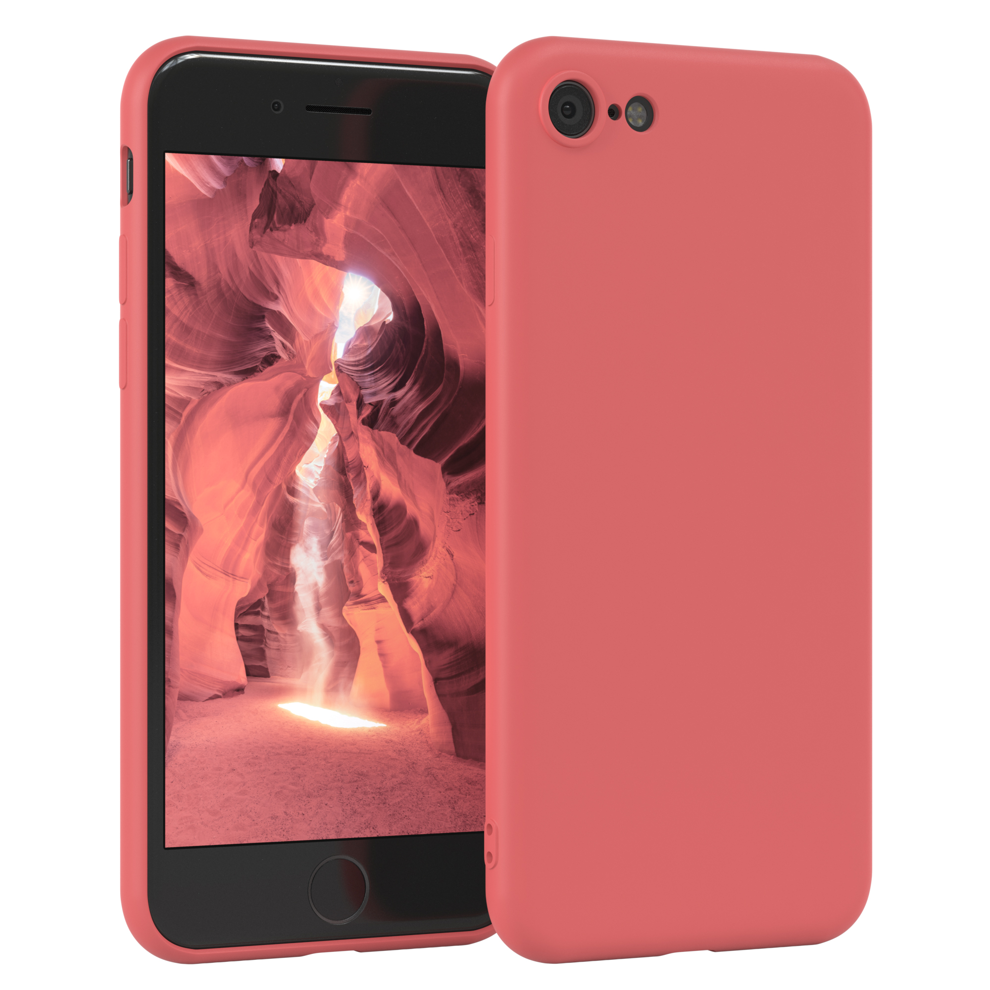 Ein korallenfarbenes Telefon mit einem sandsteinartigen Hintergrund auf dem Bildschirm. Auf der rechten Seite befindet sich eine korallenfarbene Hülle.