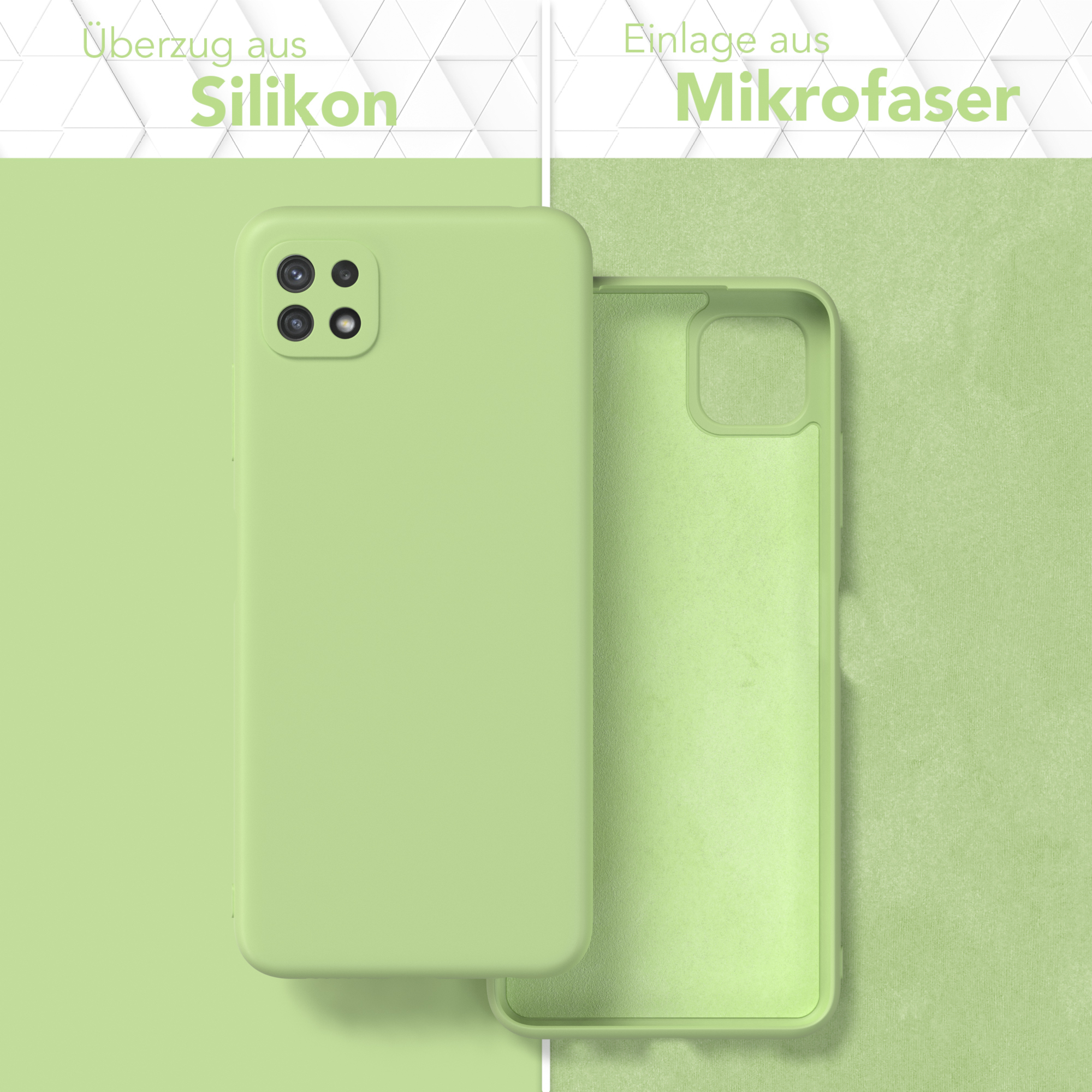 Eine hellgrüne Handyhülle mit Silikonoberfläche. Die Handyhülle ist geöffnet.