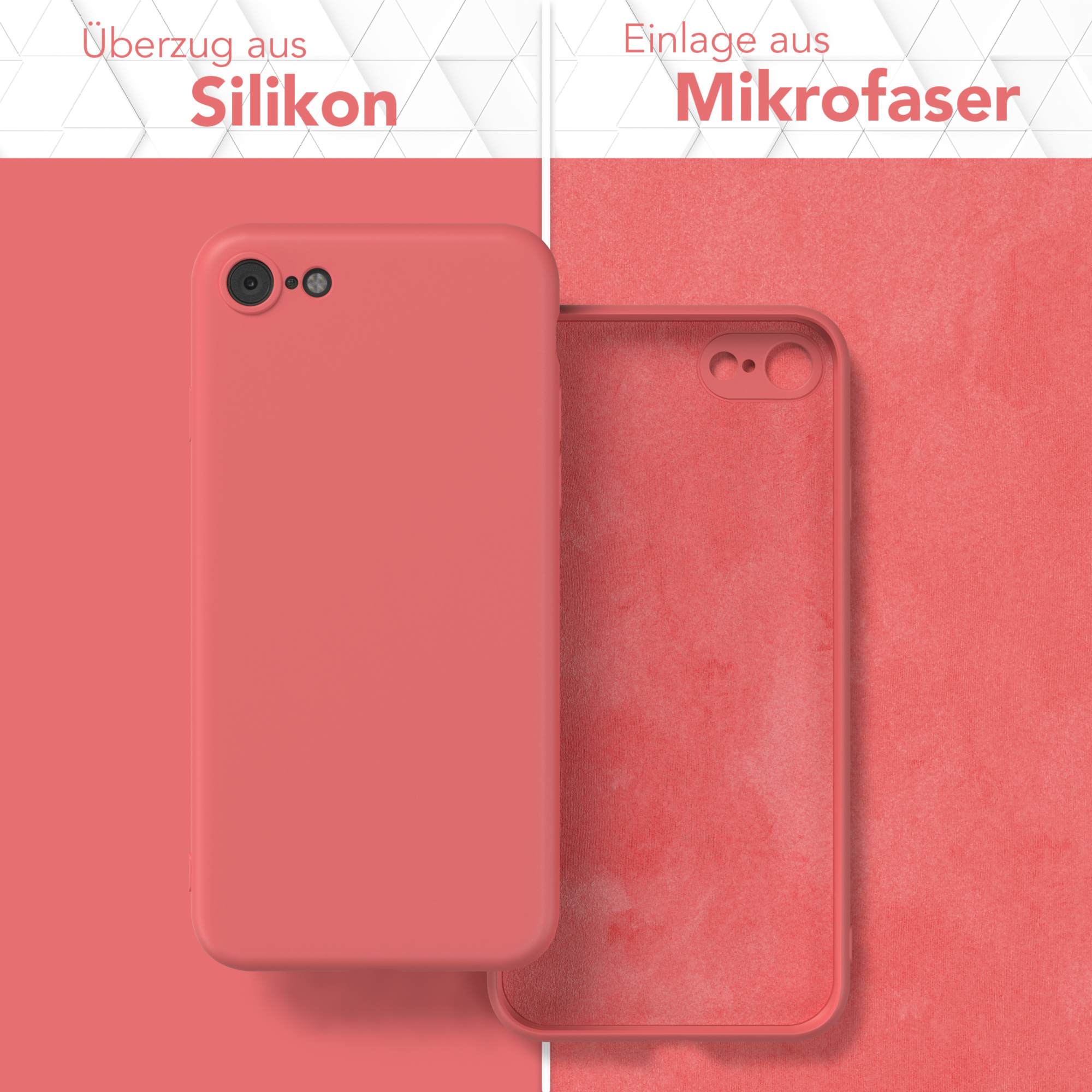 Zwei Handyhüllen, eine korallenfarbene Silikonhülle, die andere eine transparente Hülle. Hintergrund hat Text.