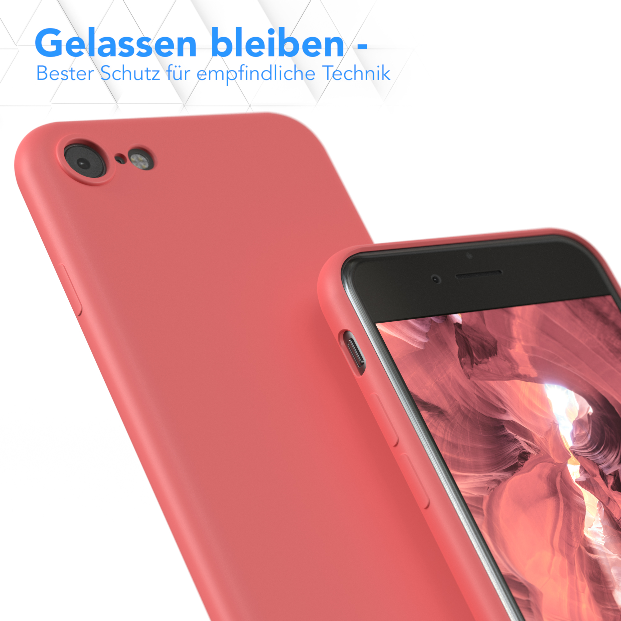 Zwei rote Handyhüllen, eine mit dem Telefon darin, die das Design und den Schutz der Hülle zeigen.