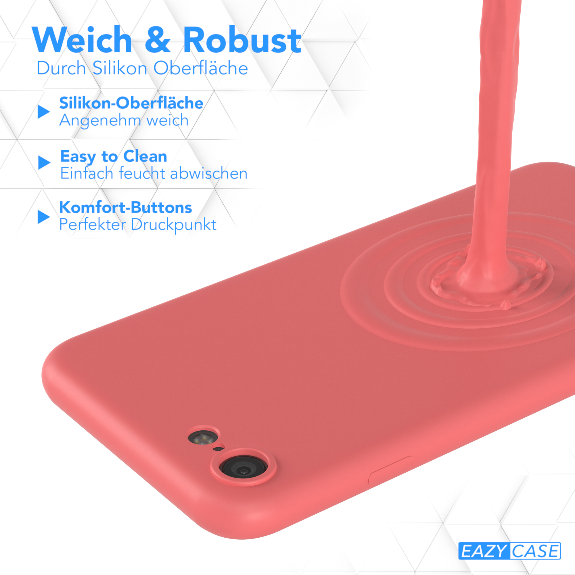 Eine Handyhülle. Rote Farbe. Die Hülle wird mit einer Flüssigkeit übergossen. Weißer Hintergrund.