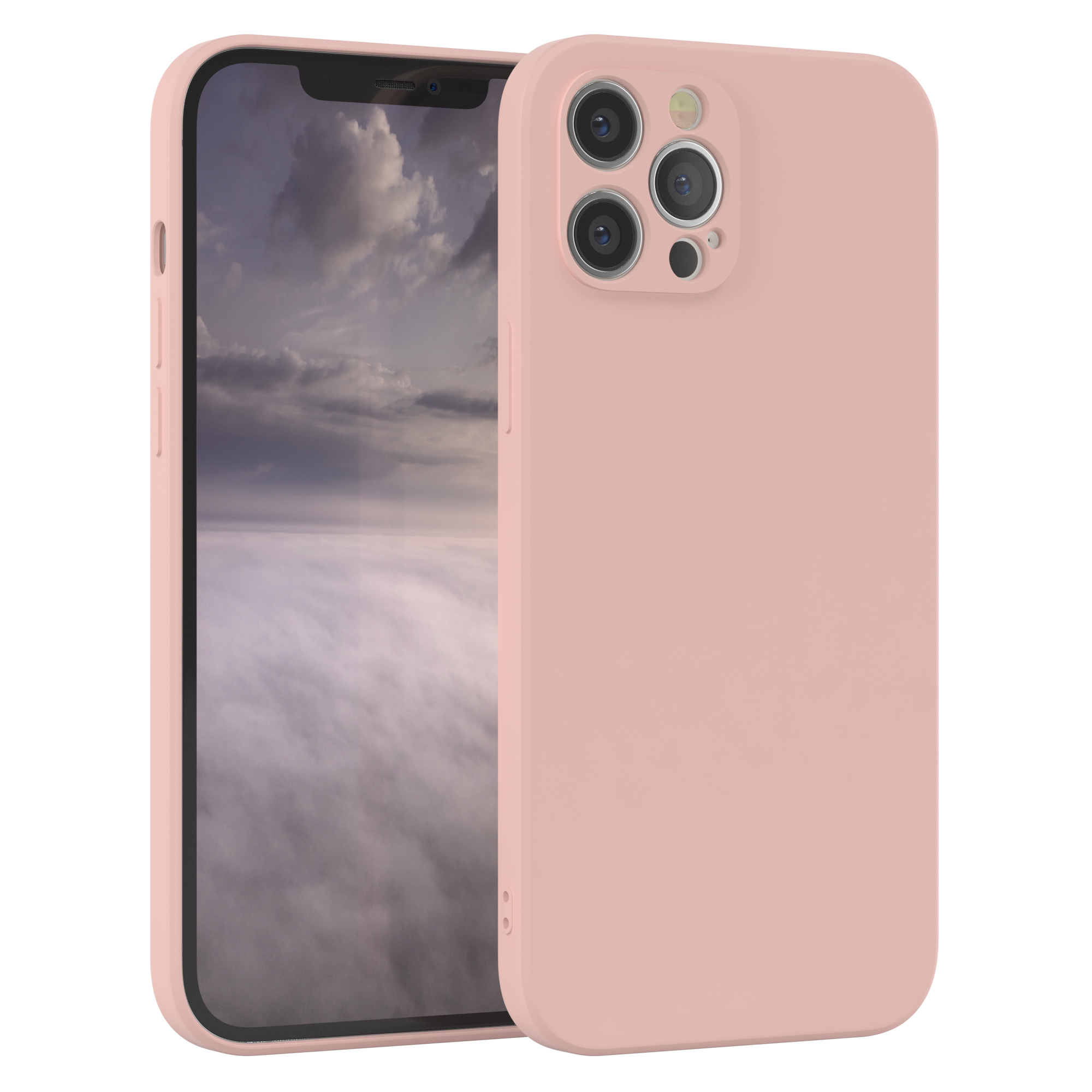 Rosa Handyhülle. Ein Telefon mit Hülle, zeigt bewölkten Himmel.