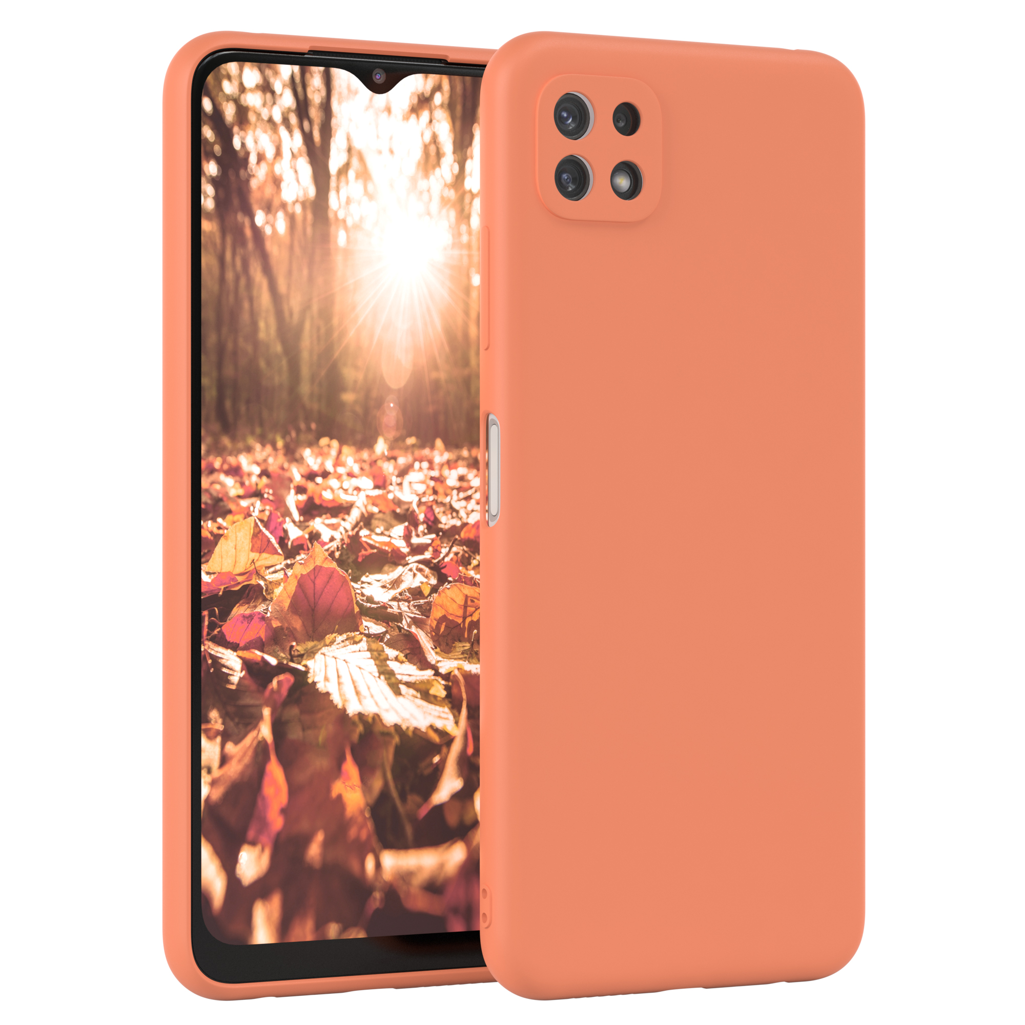 Oranges Telefon mit Hülle, zeigt Herbstblätter auf dem Bildschirm.