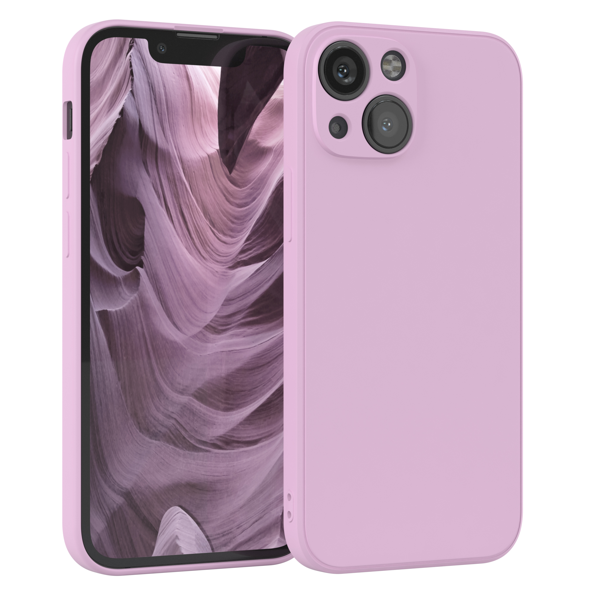 Ein lila Telefon zeigt einen Canyon-Hintergrund. Rechts befindet sich eine lila Hülle mit Kameralinse.