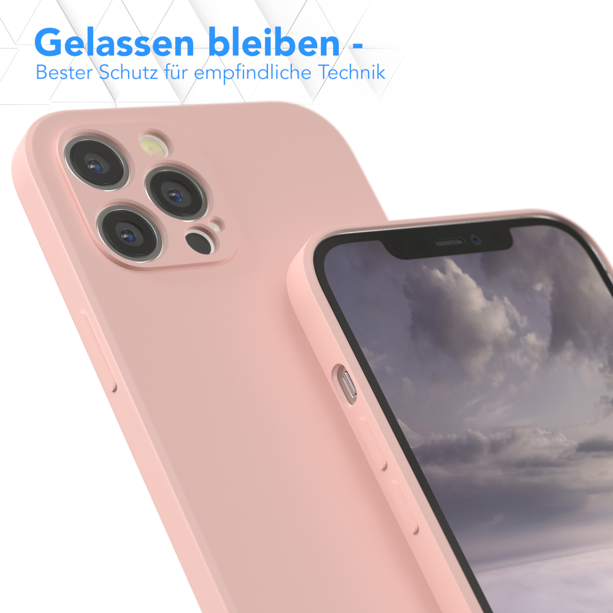 Eine rosa Handyhülle auf einem Telefon. Text. Der Bildschirm ist sichtbar.