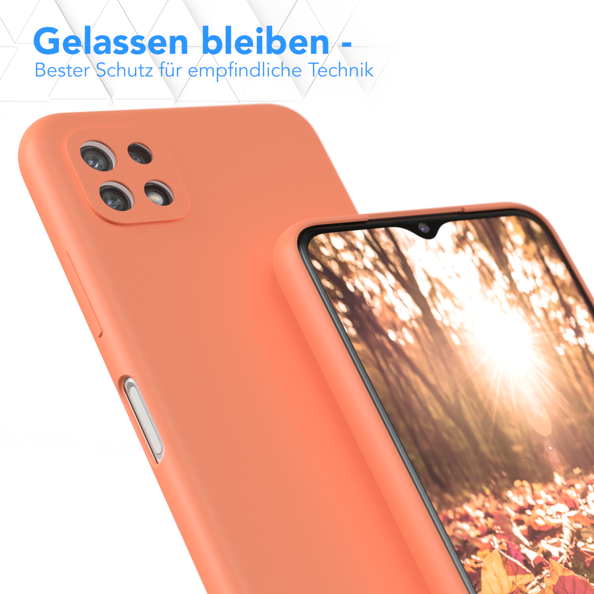 Zwei Telefone mit Hüllen, eines mit Bildschirm. Text: Bester Schutz.
