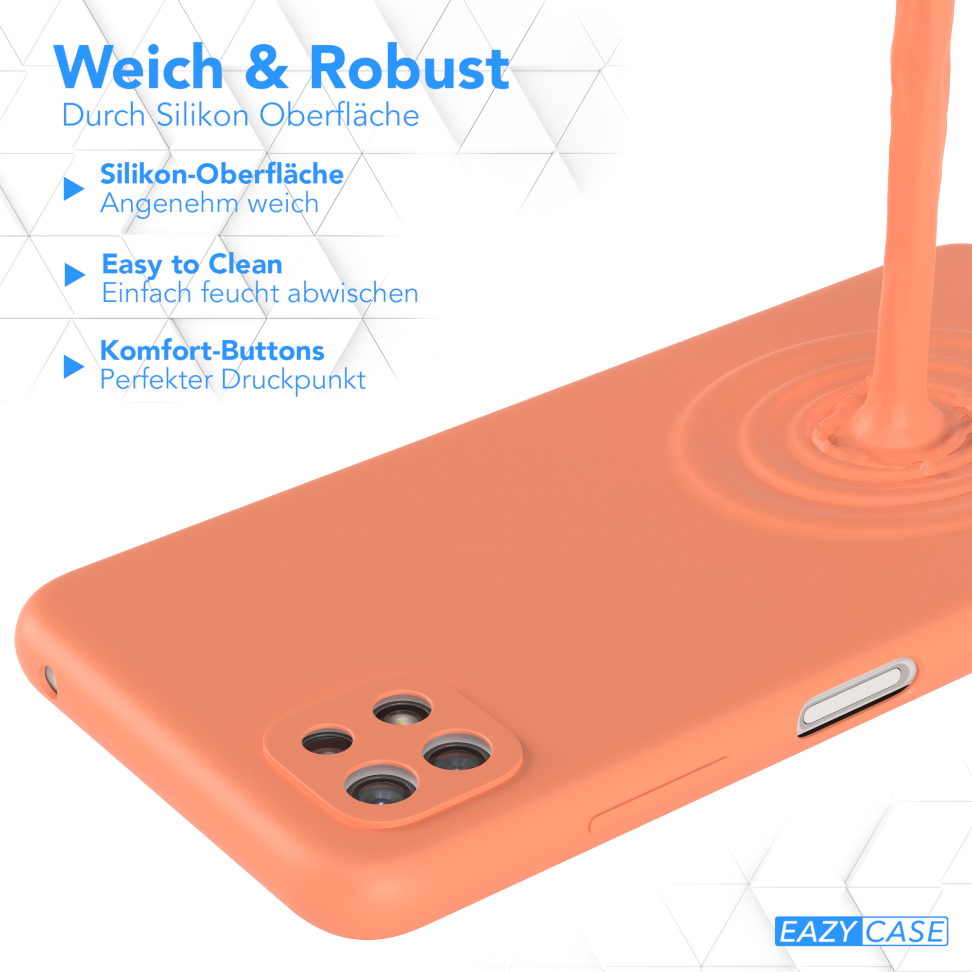 Orange Handyhülle mit Telefon, Flüssigkeit fließt auf die Hülle, Text an der Seite.