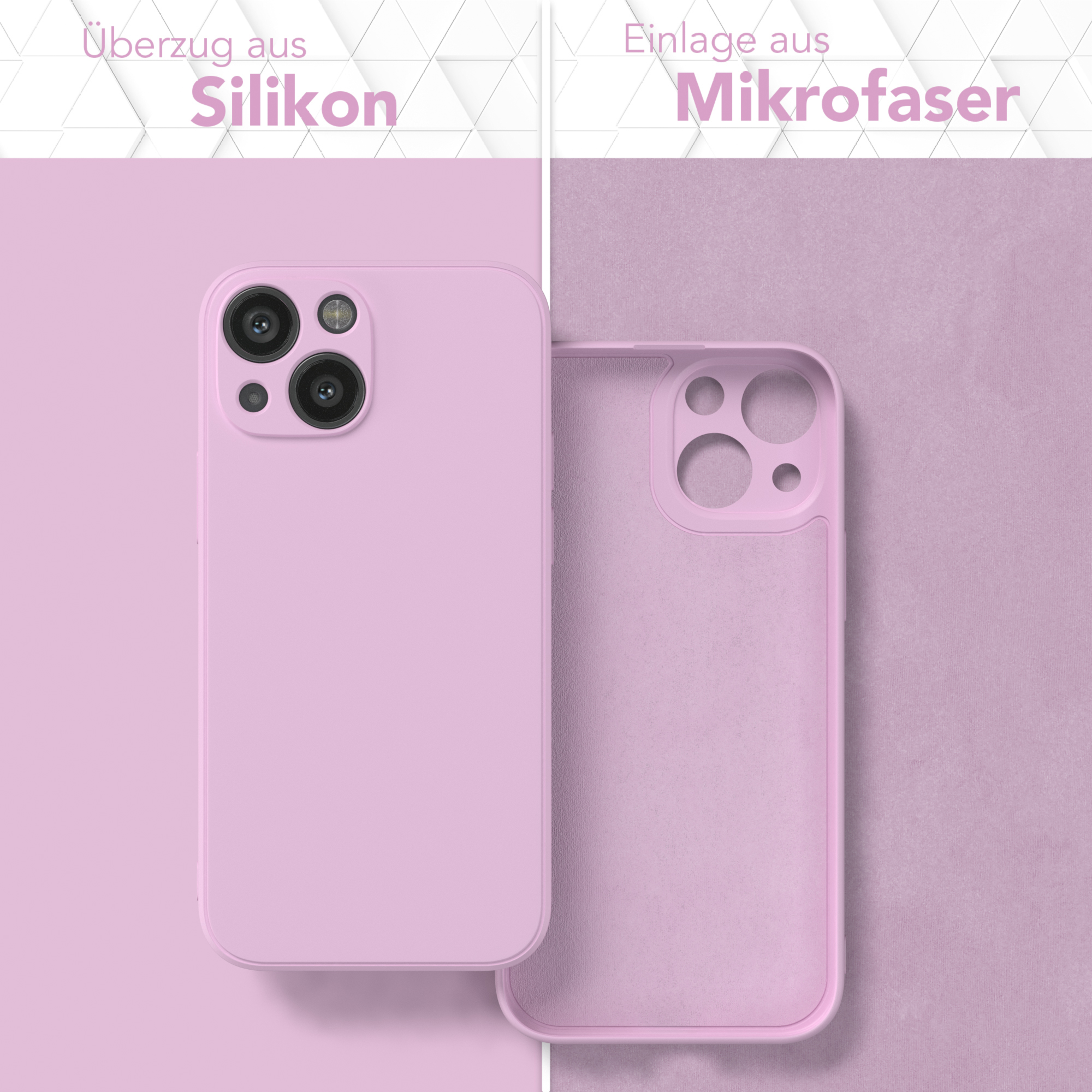 Zwei Handyhüllen, eine mit lilafarbener Silikonabdeckung und eine mit lilafarbenem Mikrofaser-Innenraum.