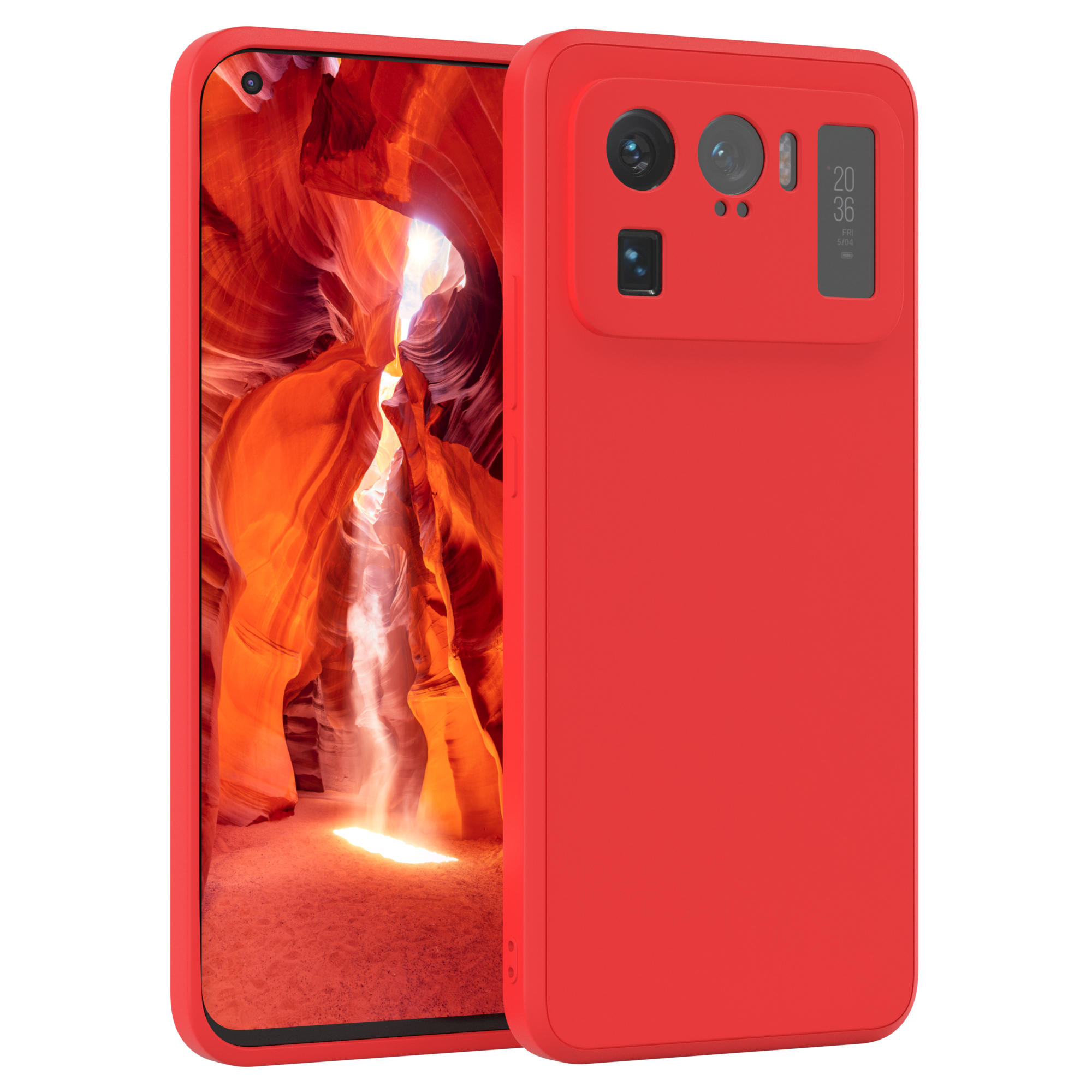 Rote Handyhülle mit Telefon, roter Felsenschlucht-Hintergrund.