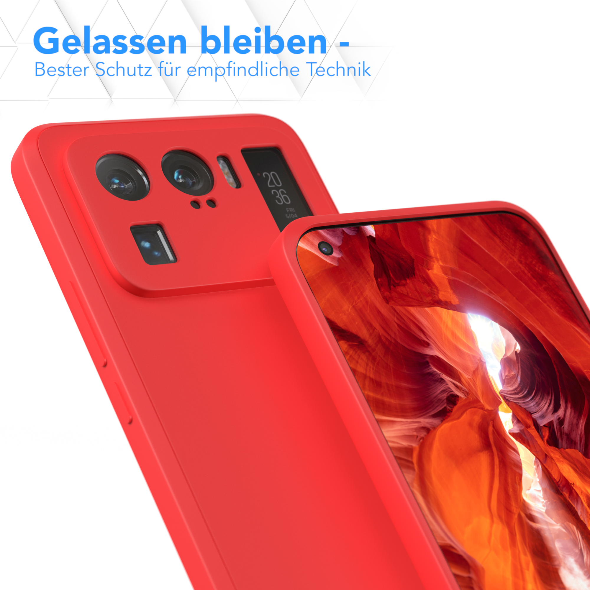 Rotes Handycase neben einem Telefon. Text auf Deutsch. Mit Kameraausschnitt.