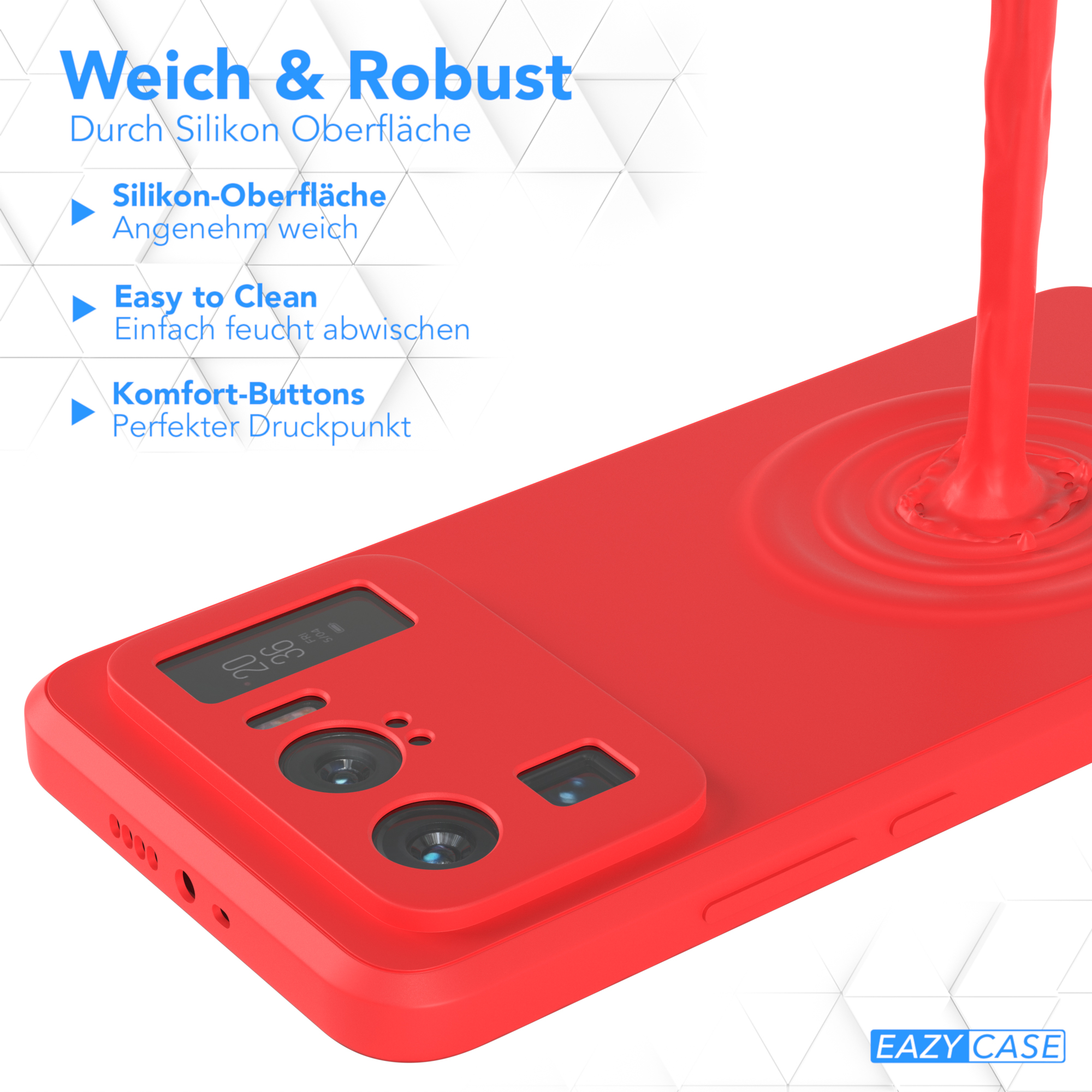 Rote Handyhülle mit Telefon, rote Flüssigkeit wird über das Telefon gegossen.