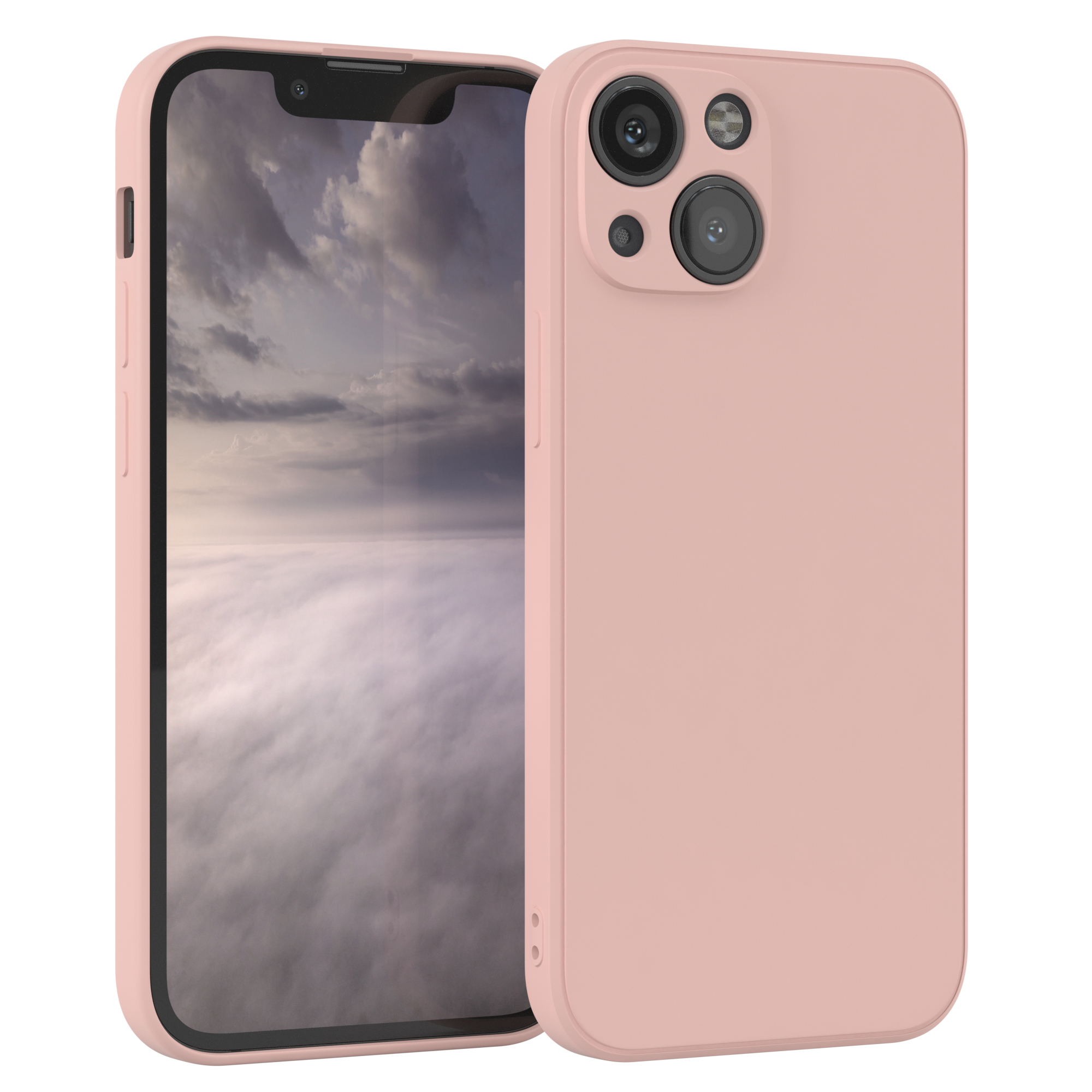 Rosa Handyhülle mit Telefon, das einen bewölkten Himmel mit Tal zeigt.