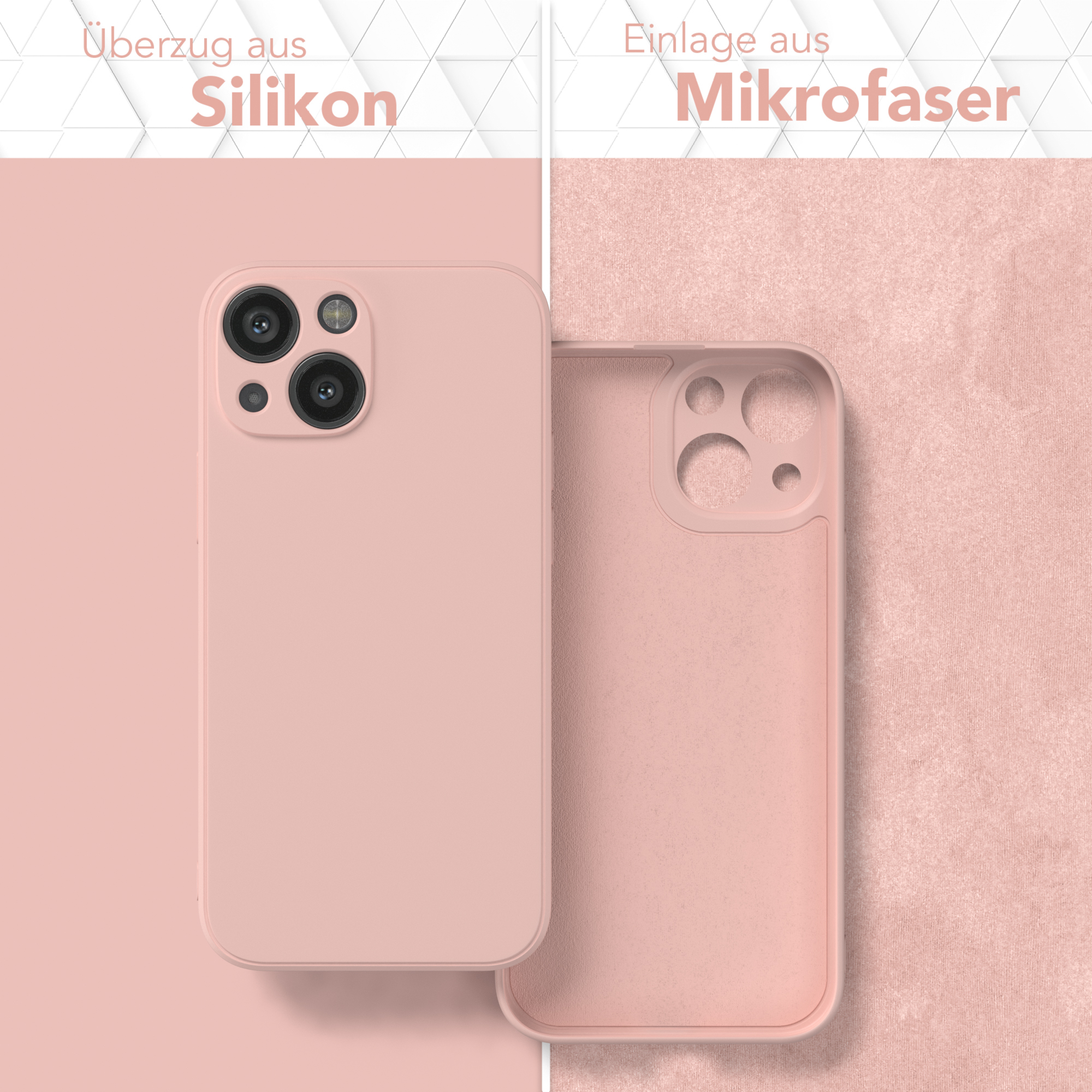 Zwei rosa Handyhüllen, eine offen mit Mikrofaser. Text: Silikonbezug und Mikrofaser-Einsatz.