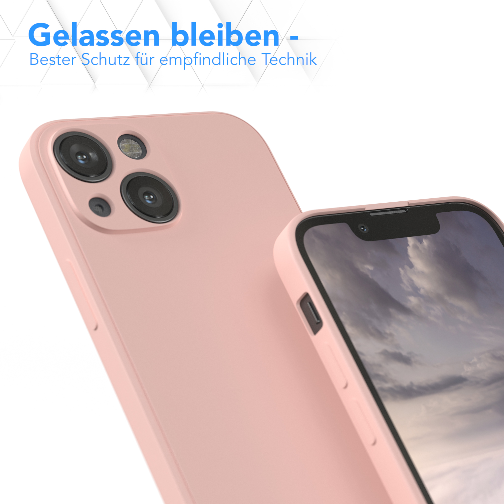 Rosa Handyhülle, angewinkelt, mit einem Telefon. Das Telefon zeigt eine Landschaftsansicht.