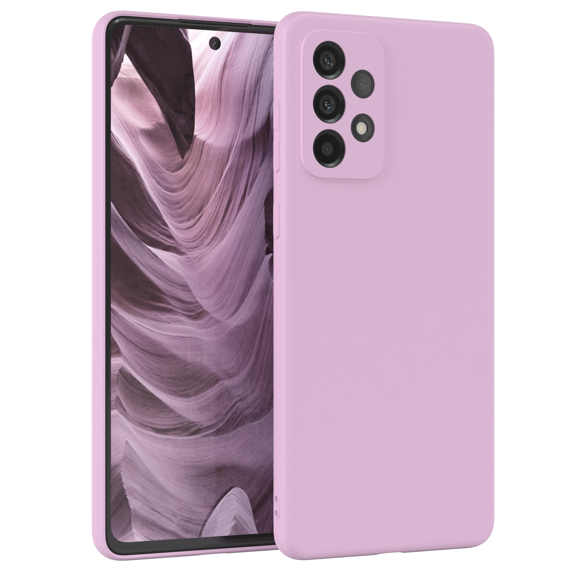 Ein lila Telefon mit Hülle wird gezeigt. Der Hintergrund ist eine Schluchtszene.